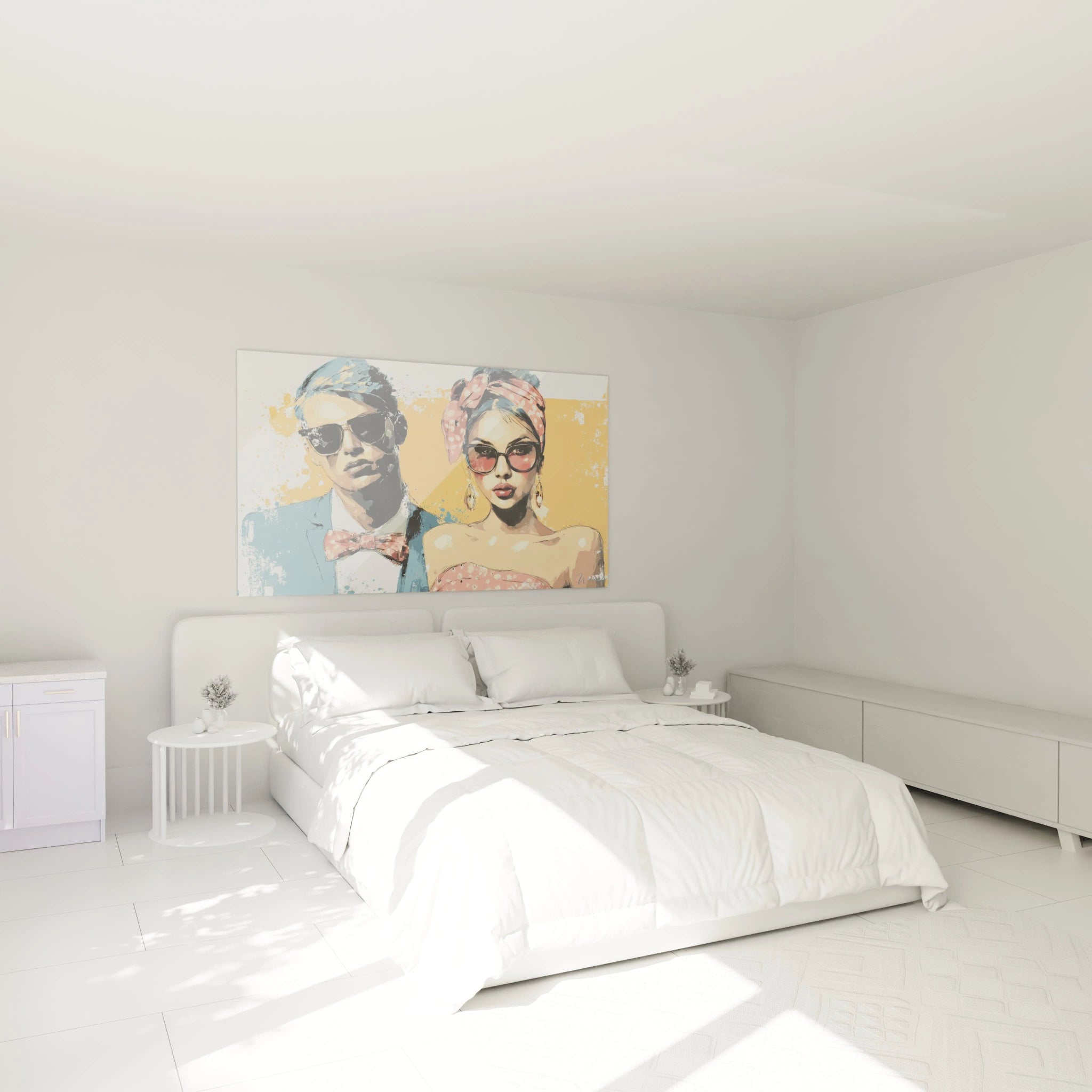 Tableau couple style années 50 sur un mur dans une chambre moderne avec une décoration minimaliste