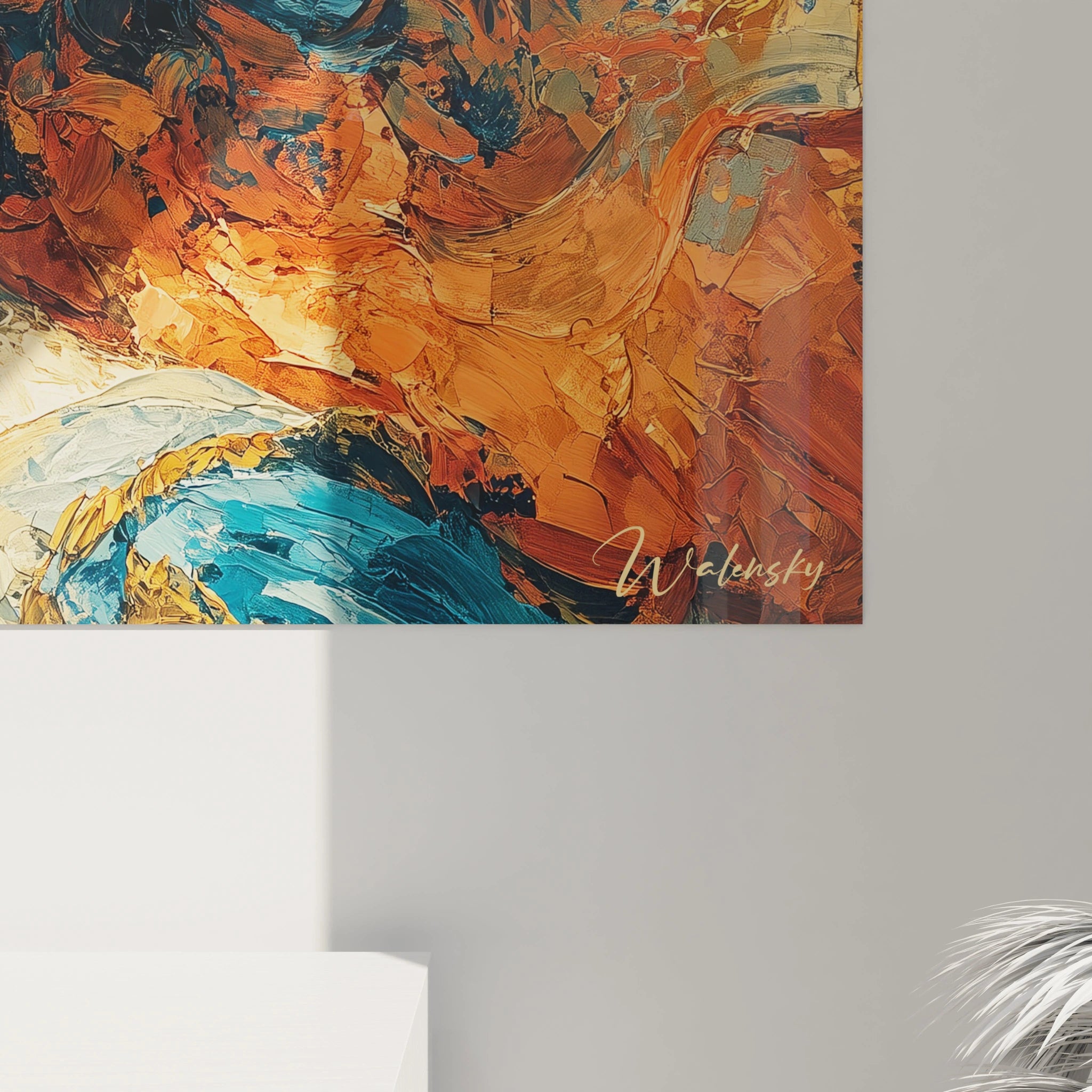 Tableau mural Walensky abstrait à la palette en tons orange et bleu texture épaisse tableau couple art renaissance italienne