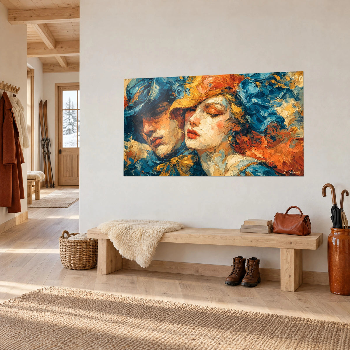 Tableau deux visages enlacés aux joues crème, chevelure orange et bleu à la spatule, accroché dans une entrée en bois clair