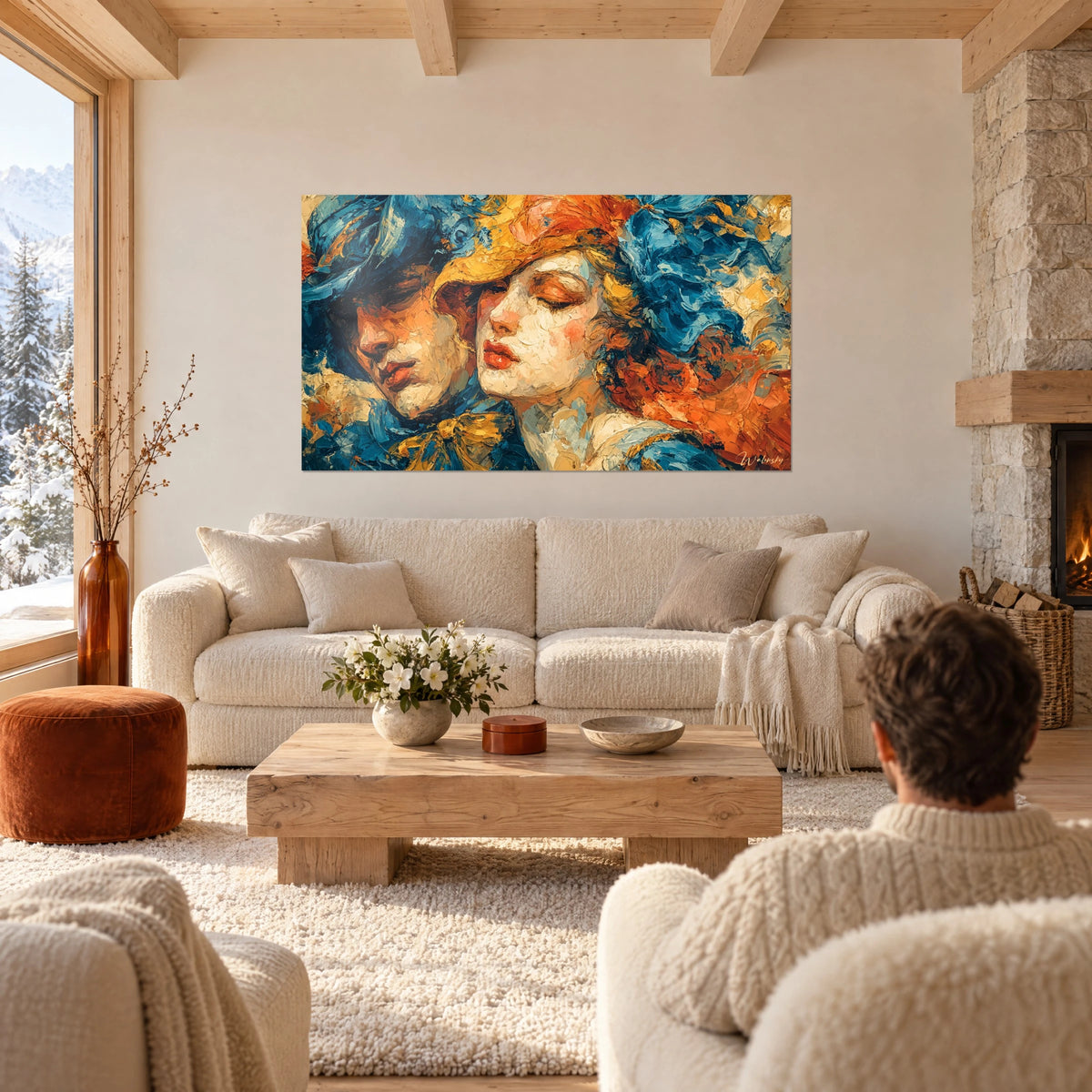 Tableau couple aux paupières closes, chapeau jaune et nœud bleu en pâte épaisse, au-dessus d'un canapé dans un salon lumineux