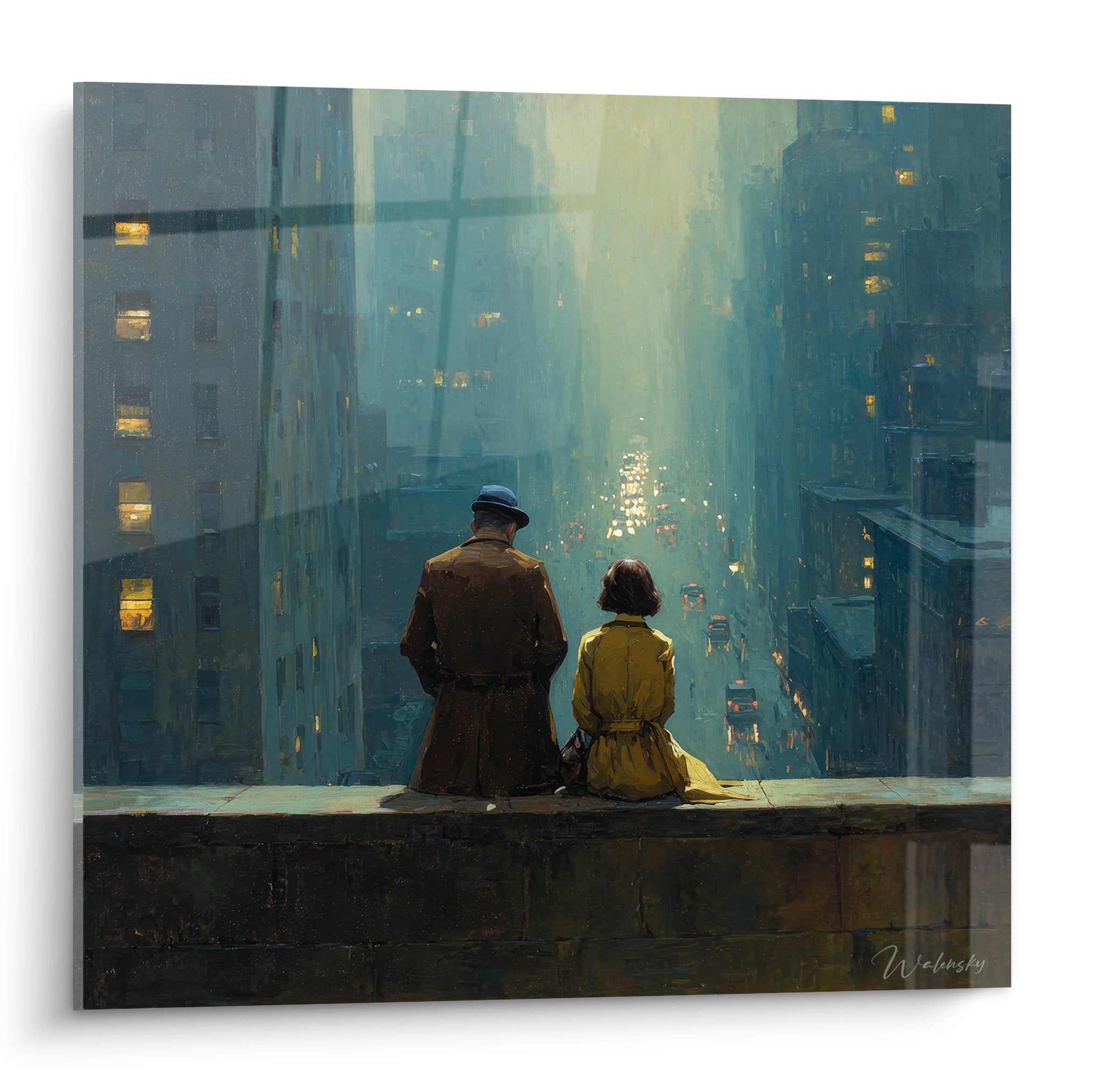 Tableau couple contemplant New York de nuit depuis un point élevé, atmosphère brumeuse et lumières dorées