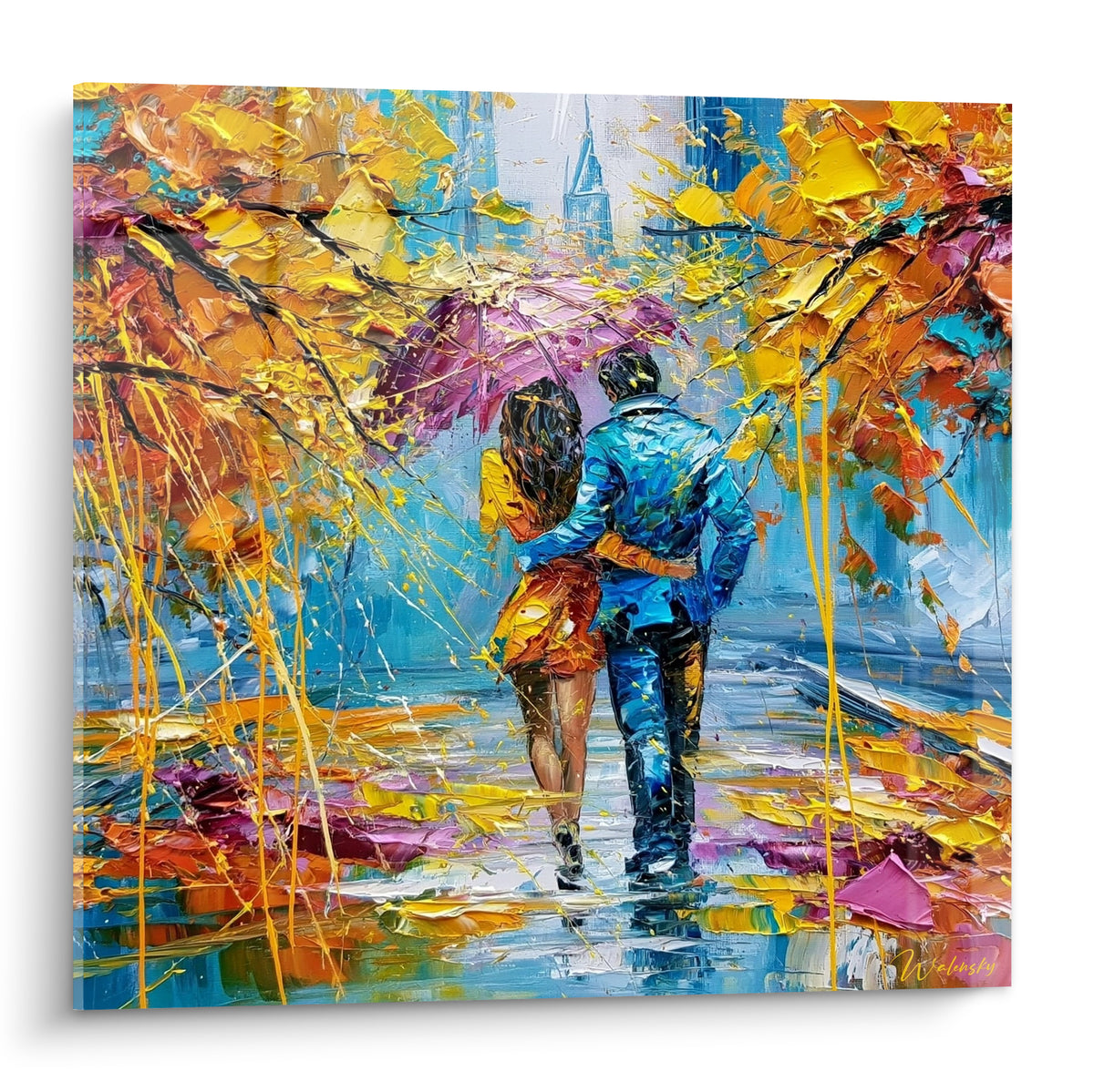 Couple enlacé sous parapluie mauve, veste bleue et jupe orangée, feuillage doré en empâtements