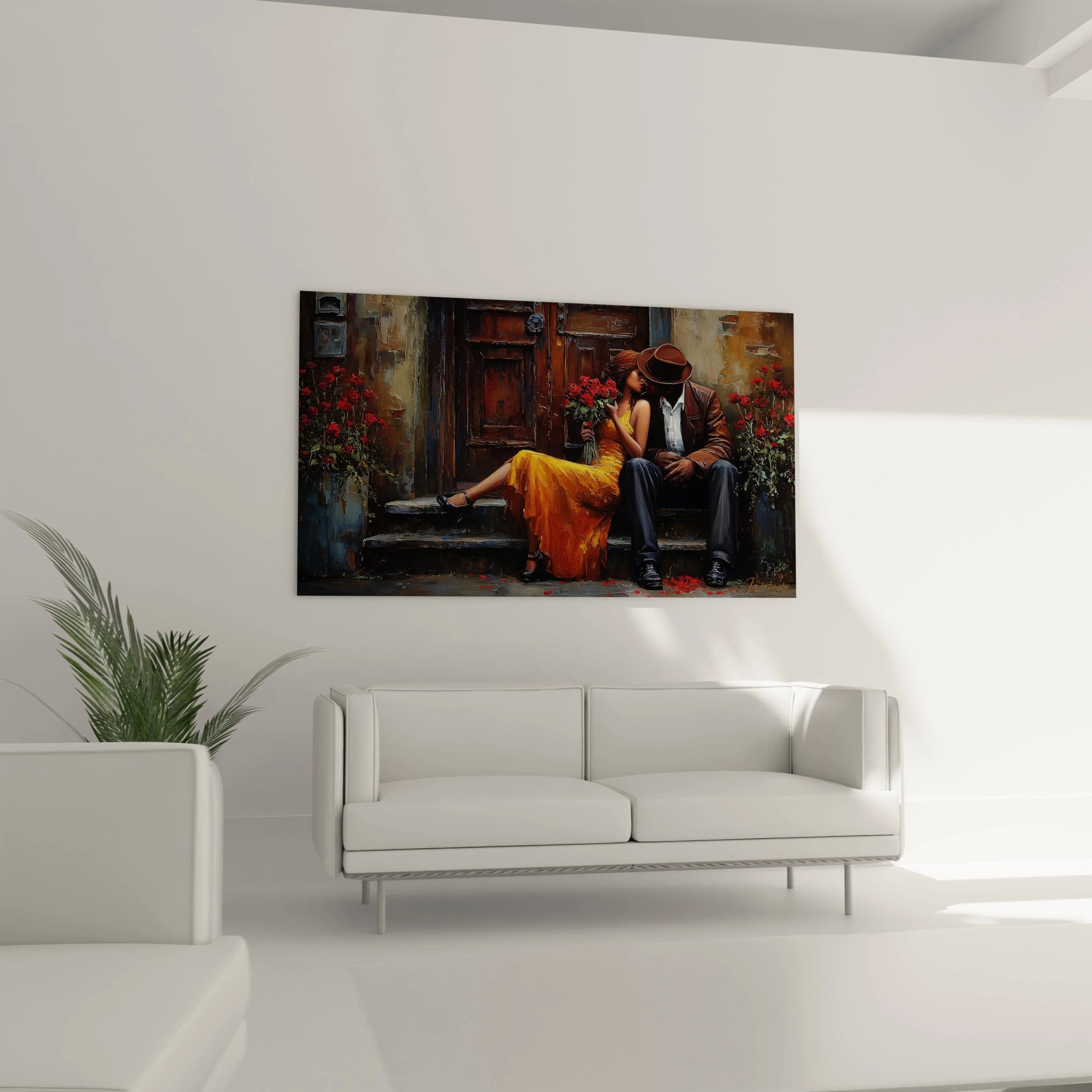 Walensky tableau couple romantique peinture murale couple assis sur marche robe orange ambiance romantique