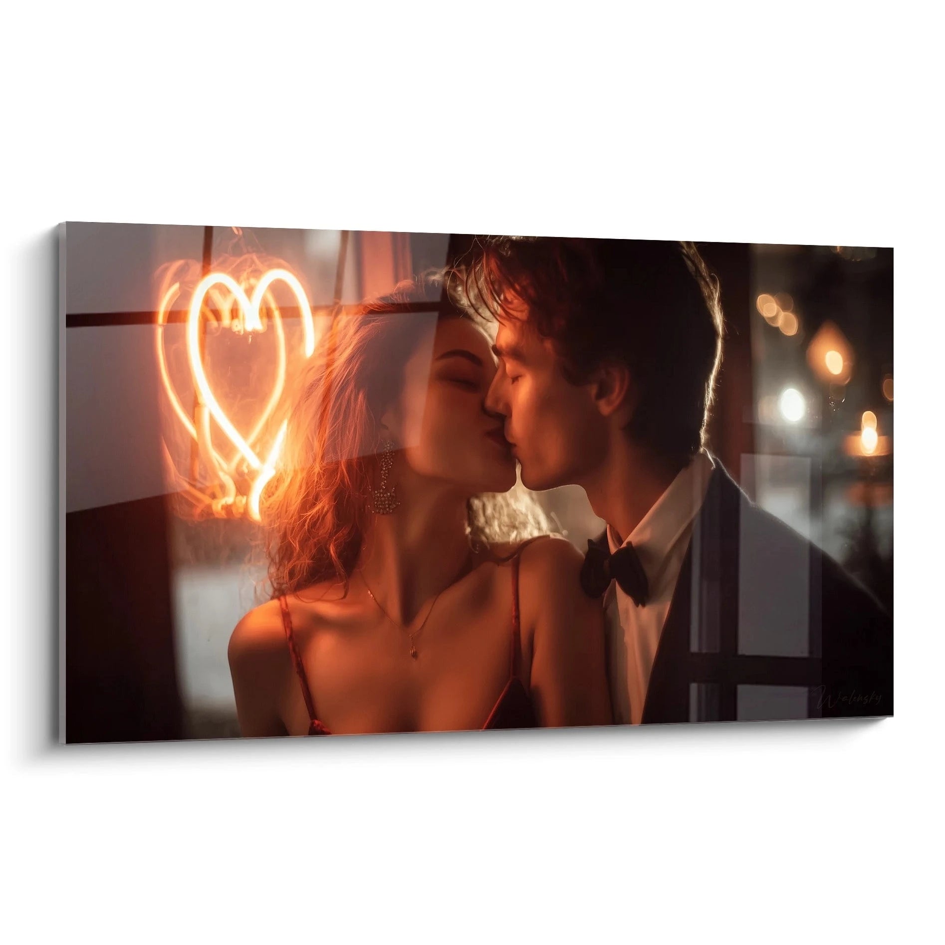 tableau couple amoureux Walensky tableau mural romantique montrant un couple qui s embrasse devant un neon en forme de coeur
