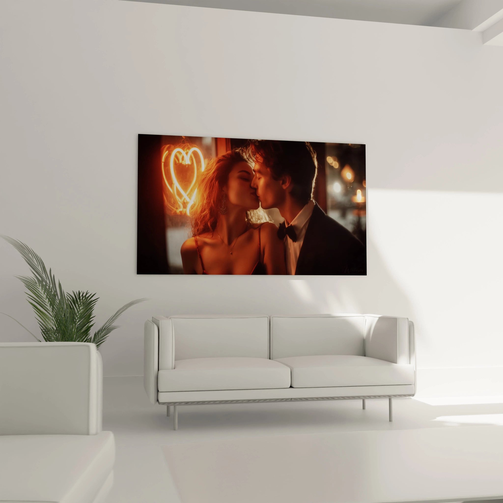 tableau couple amoureux Walensky affiche murale romantique couple s embrassant devant un coeur neon au dessus d un canape