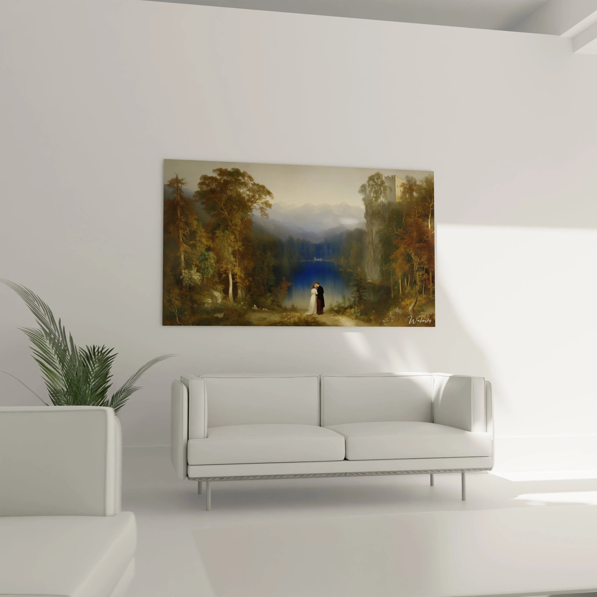 Walensky tableau couple romantique mural paysage romantique forêt lac encadré accroché au dessus du canapé