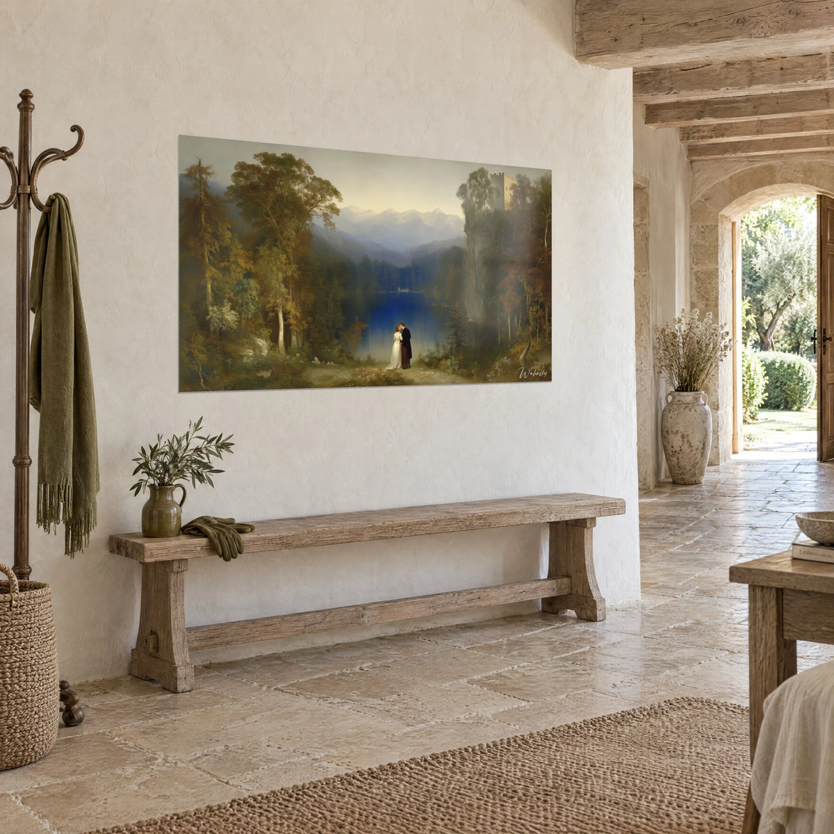 Cuadro enamorados con vestido blanco y frac oscuro junto a un lago zafiro, torre de piedra gris, casa de campo