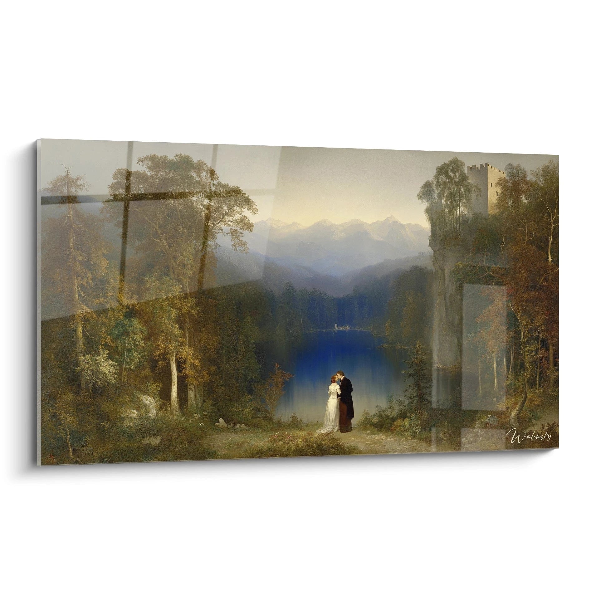 tableau couple romantique mural Walensky paysage lacustre montagnard avec couple embrassant au premier plan