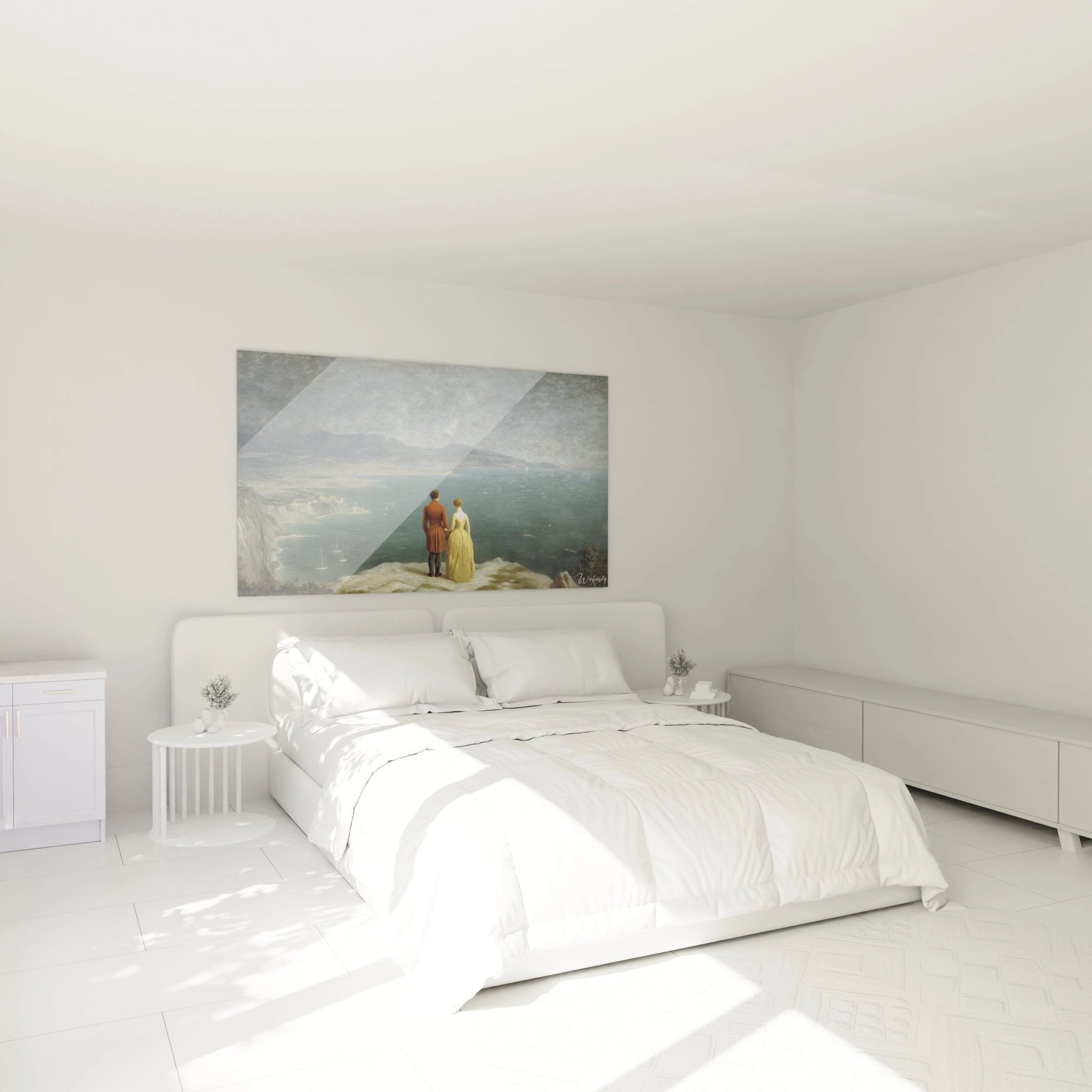 Tableau mural Walensky présentant un tableau couple romantique au bord de la mer dans une chambre blanche minimaliste