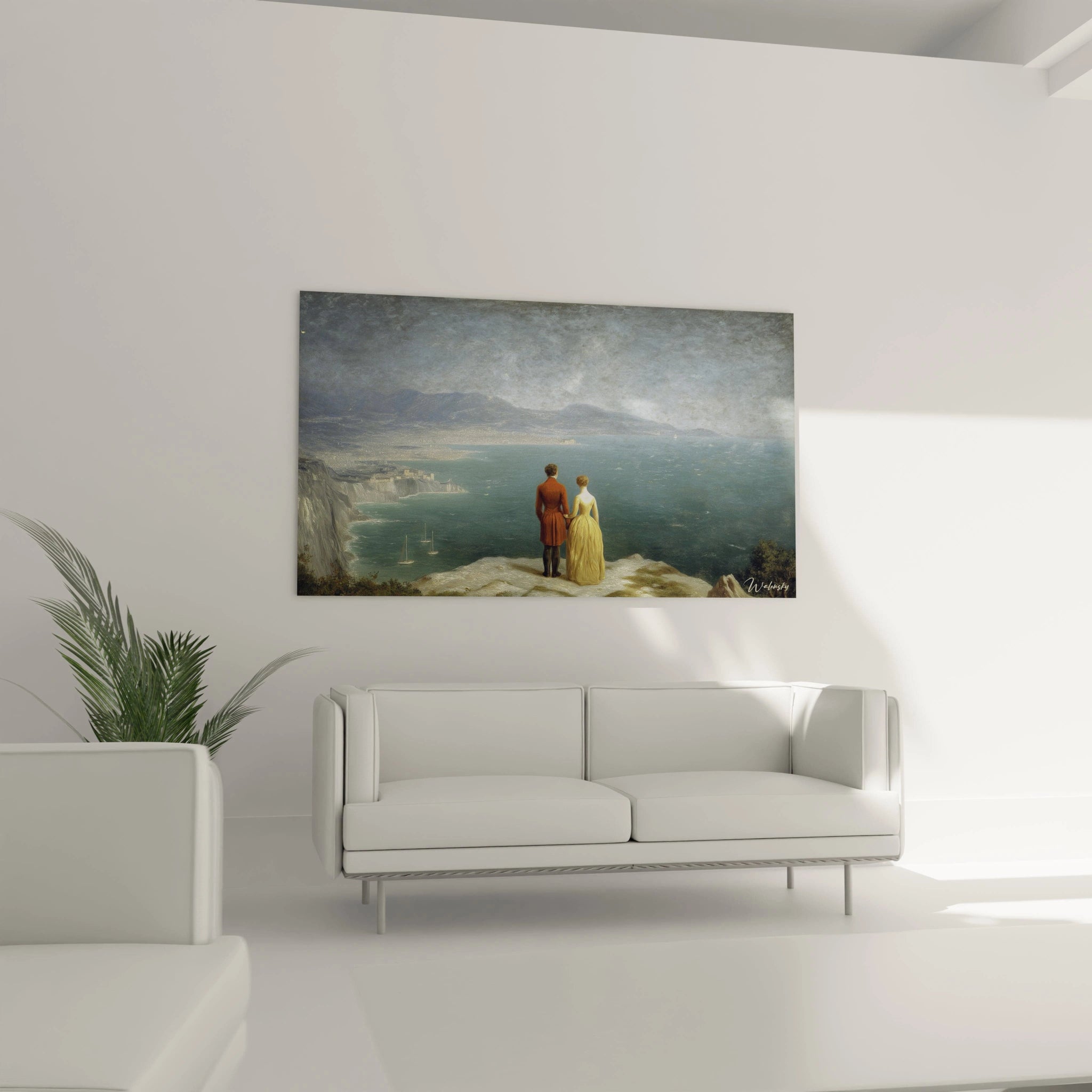 tableau couple romantique Walensky montrant deux personnages regardant la mer depuis une falaise style romantique