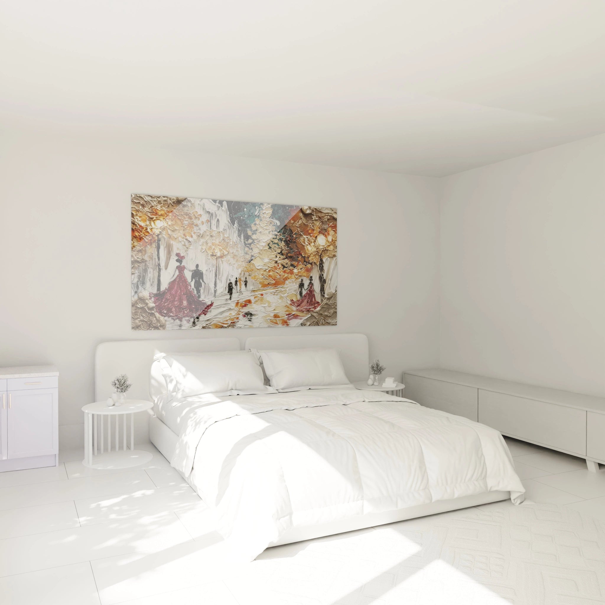 Tableau couple Noël flocons dorés décorant un intérieur moderne avec lit et mobilier minimaliste