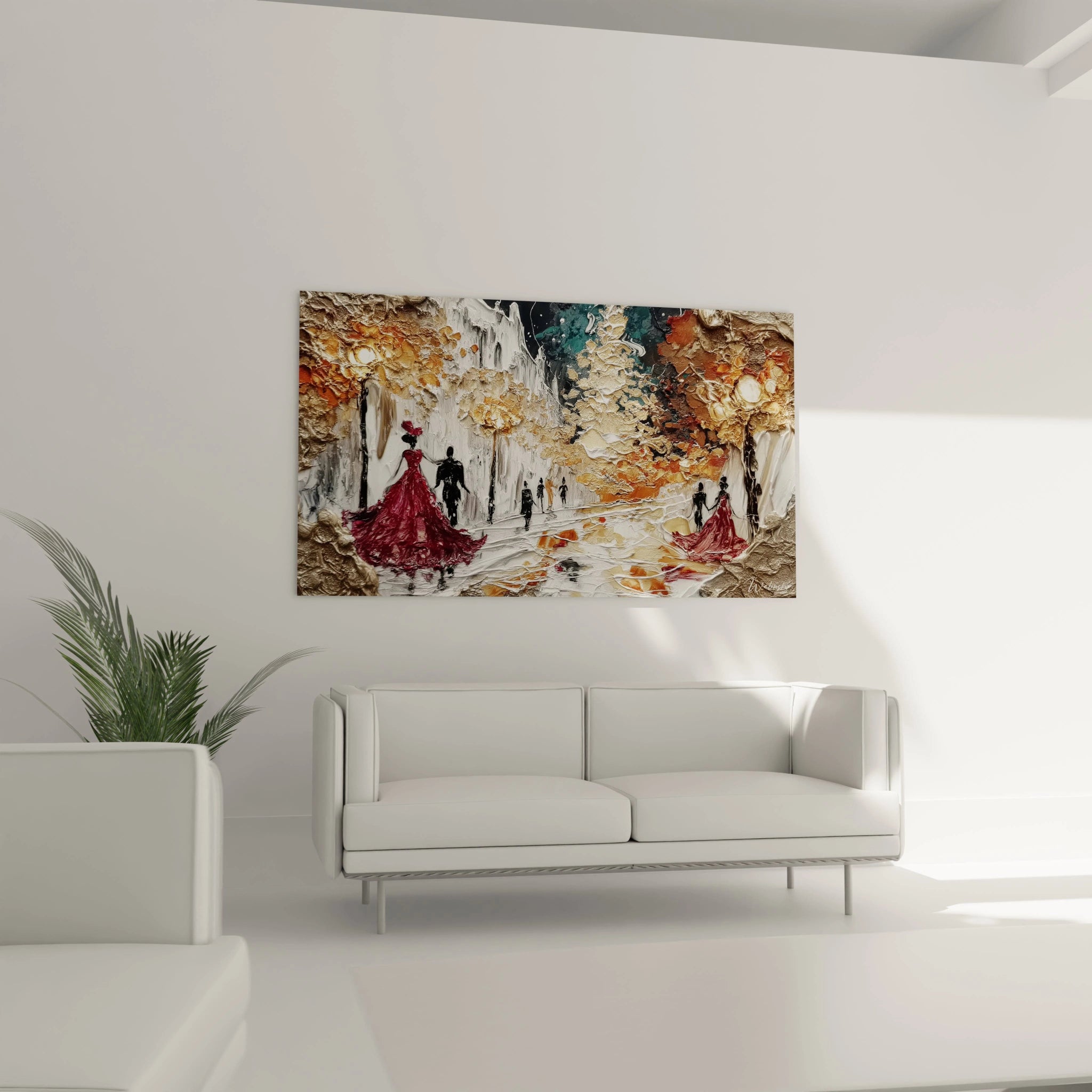 Tableau couple Noël flocons dorés représentant un paysage enneigé avec des couples dans une ambiance festive