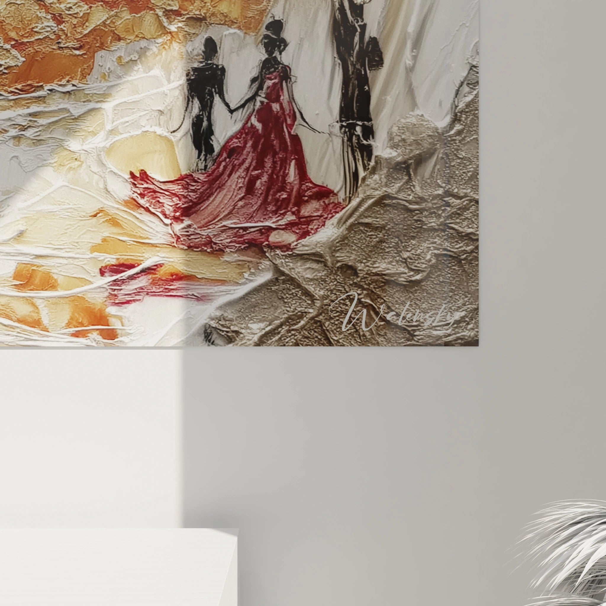 Tableau couple Noël flocons dorés avec des silhouettes élégantes sur fond artistique