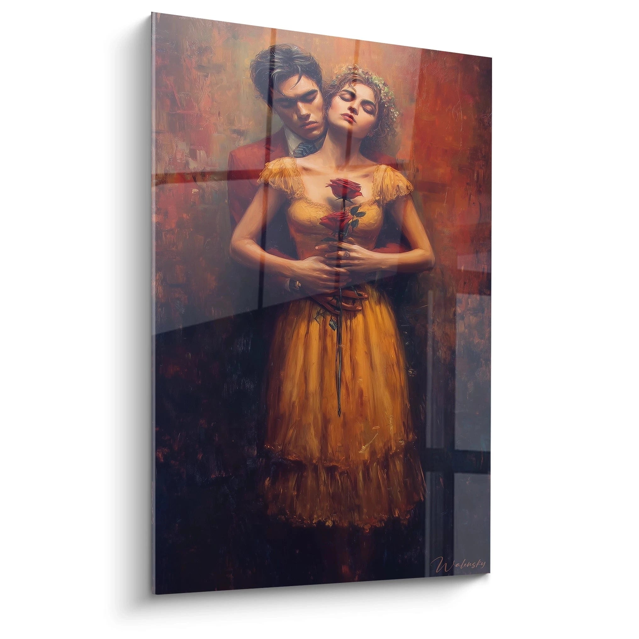 tableau couple romantique Walensky peinture murale d'un couple enlacé femme en robe jaune tenant une rose