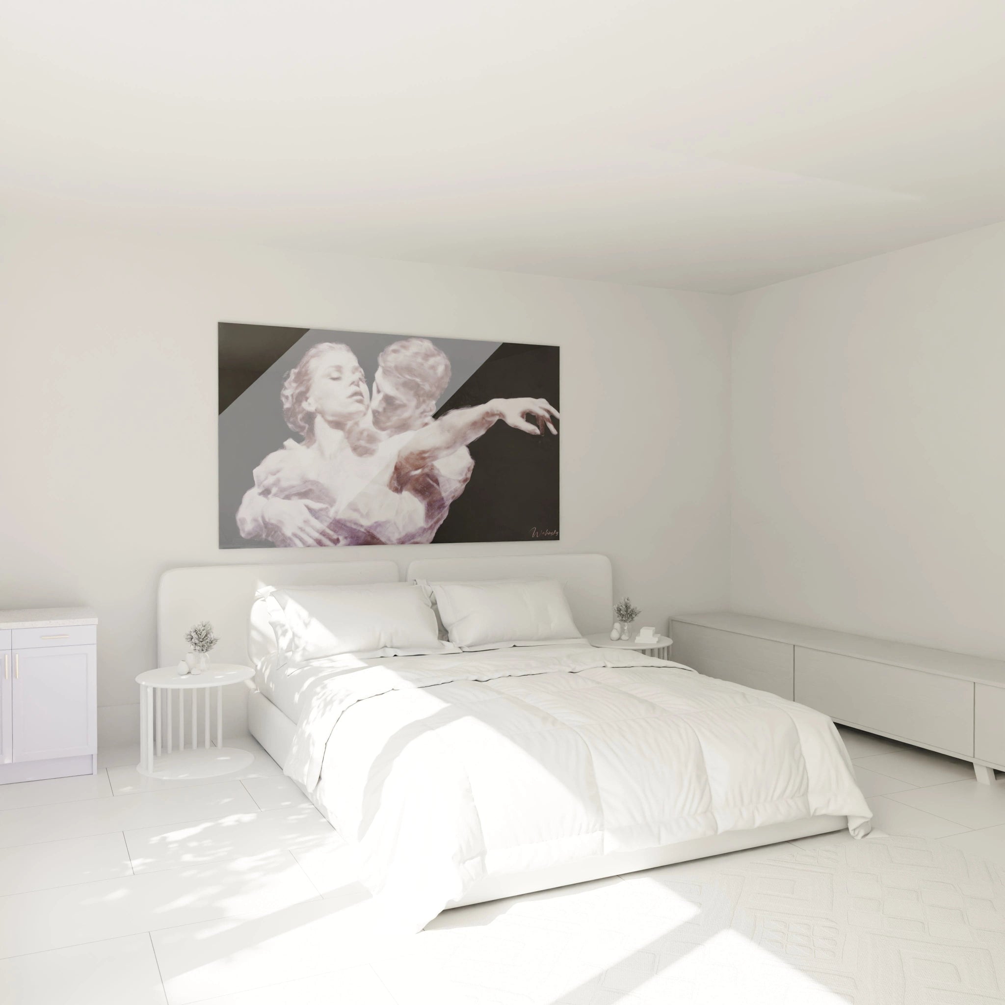 Tableau mural Walensky tableau couple hyperréalisme grand format au dessus du lit dans une chambre blanche minimaliste