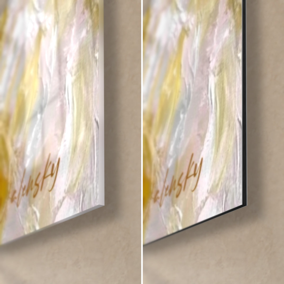 Wall art of an embracing couple painted with a palette knife, pearl grey impasto, pink and ochre, Walensky signature, glossy glass and matte Dibond edge