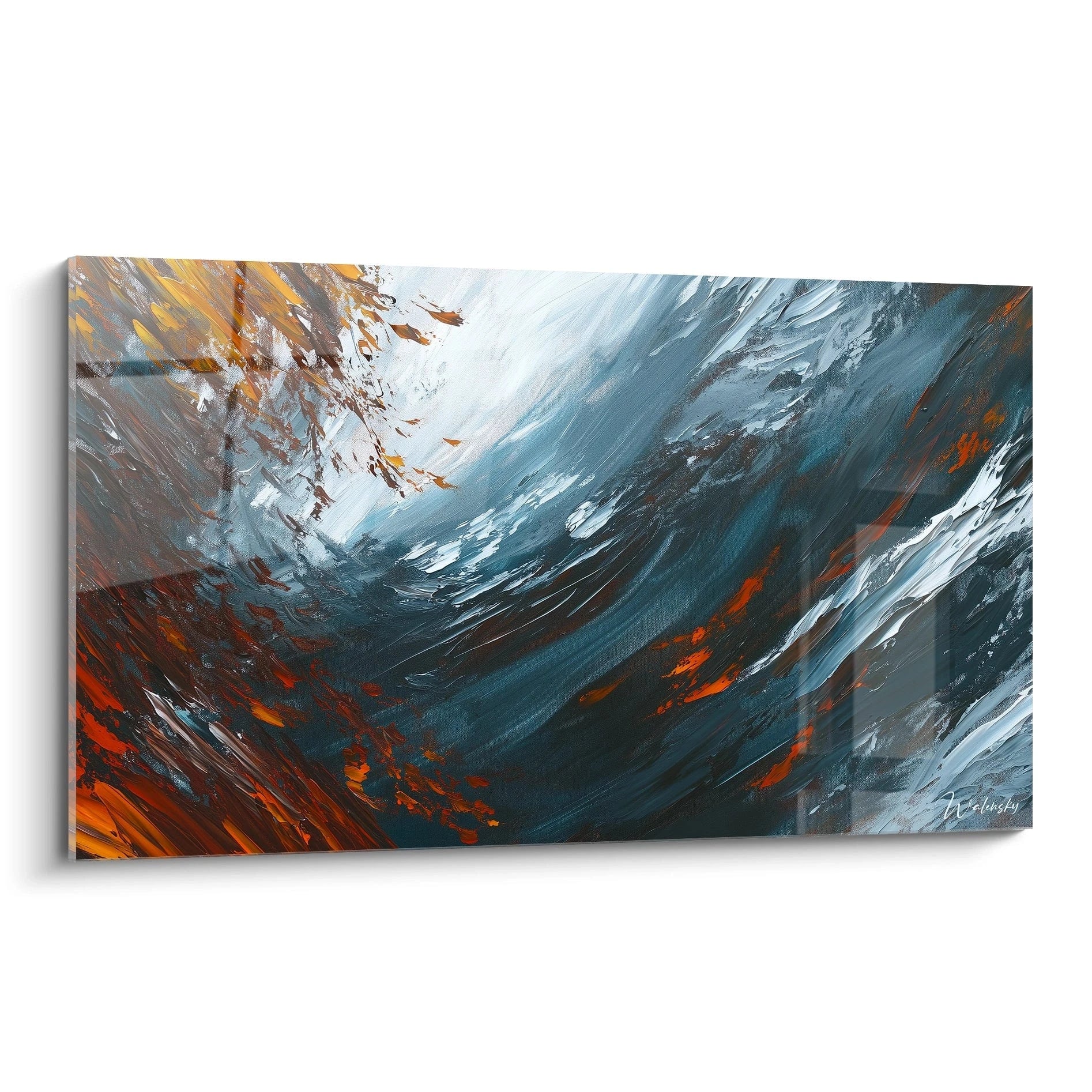 Un tableau abstrait représentant des vagues en mouvement avec des teintes bleues profondes, des éclaboussures orangées vives et des traînées blanches, créant une sensation de tourbillon marin tumultueux aux textures épaisses et aux coups de pinceau énergiques.