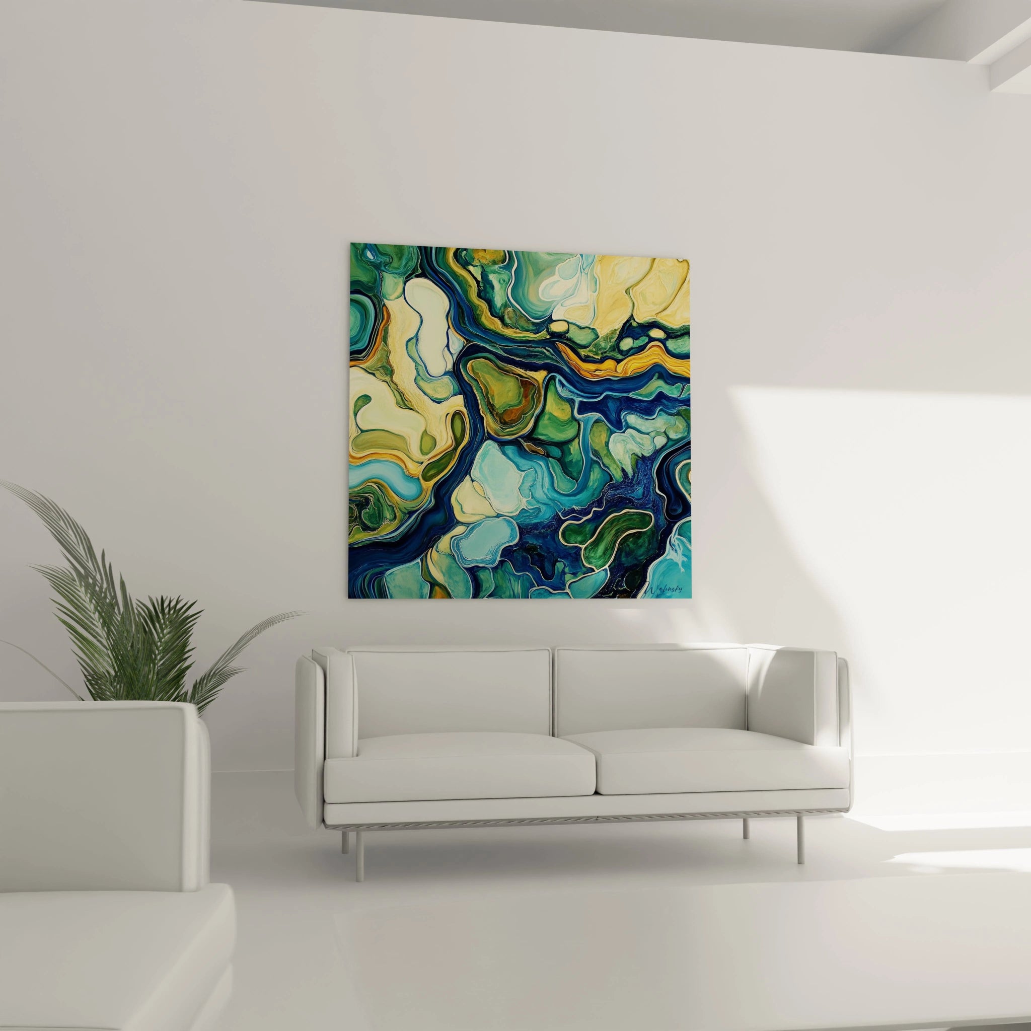 Tableau moderne abstrait de Walensky avec des motifs fluides en bleu et vert sur mur clair