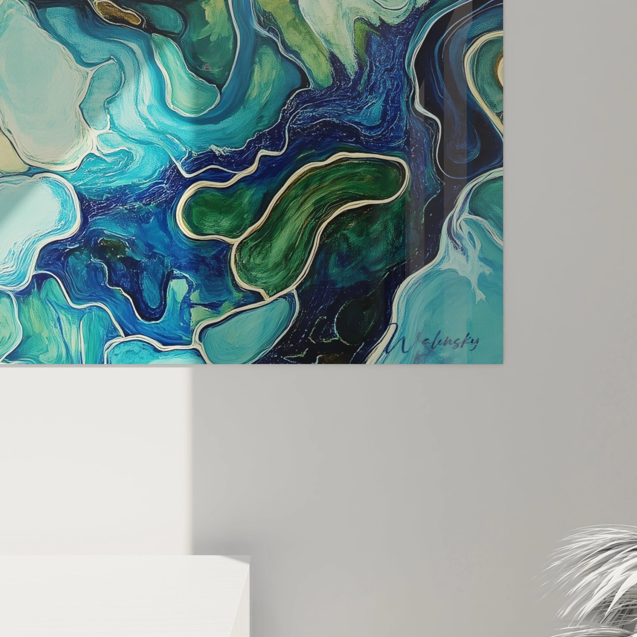 Tableau moderne abstrait de Walensky avec des teintes bleues et vertes vibrantes.