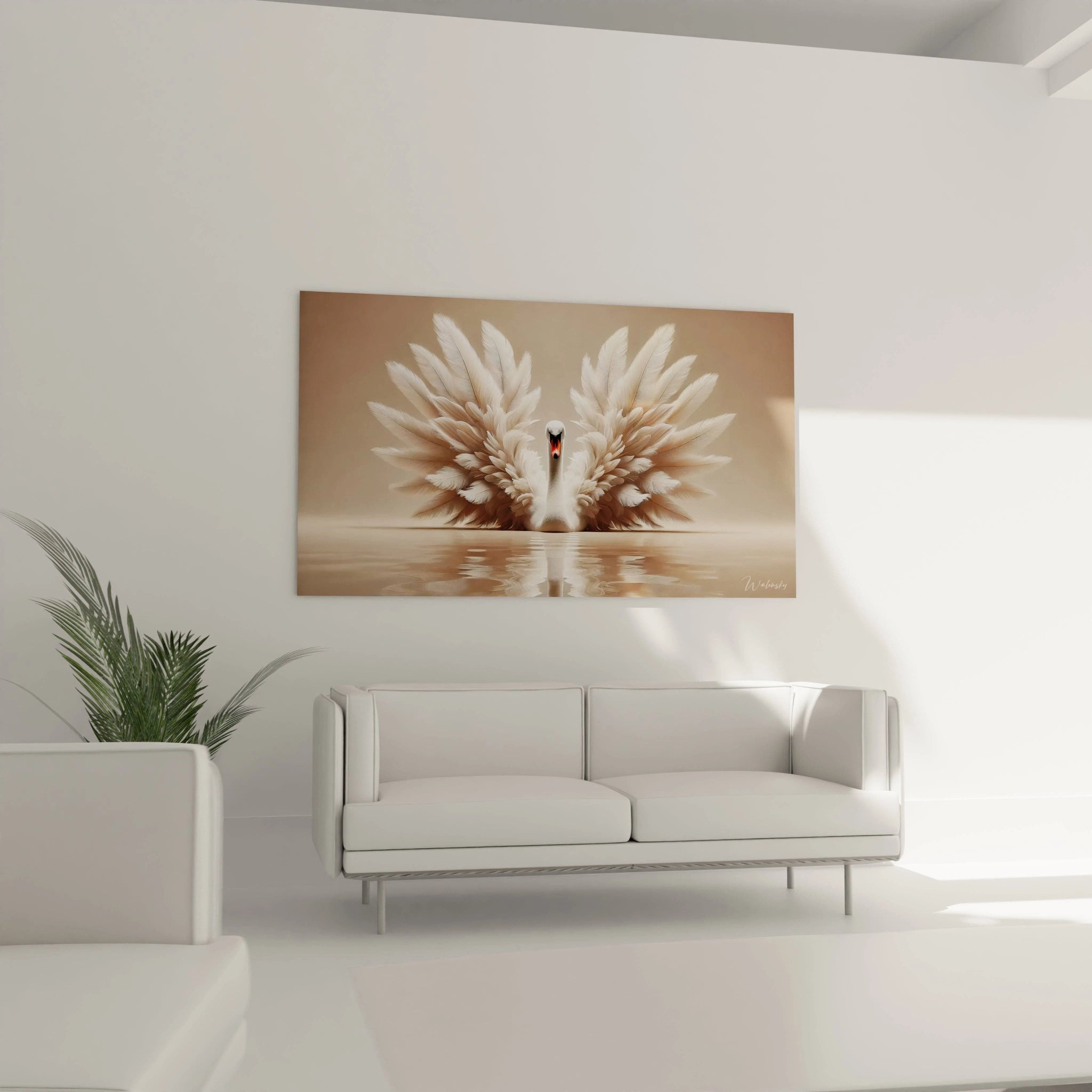 tableau cygne accroché au mur dans un salon élégant au-dessus d'un canapé créant une ambiance apaisante grâce à sa symétrie et ses tons neutres parfait pour un espace de vie harmonieux