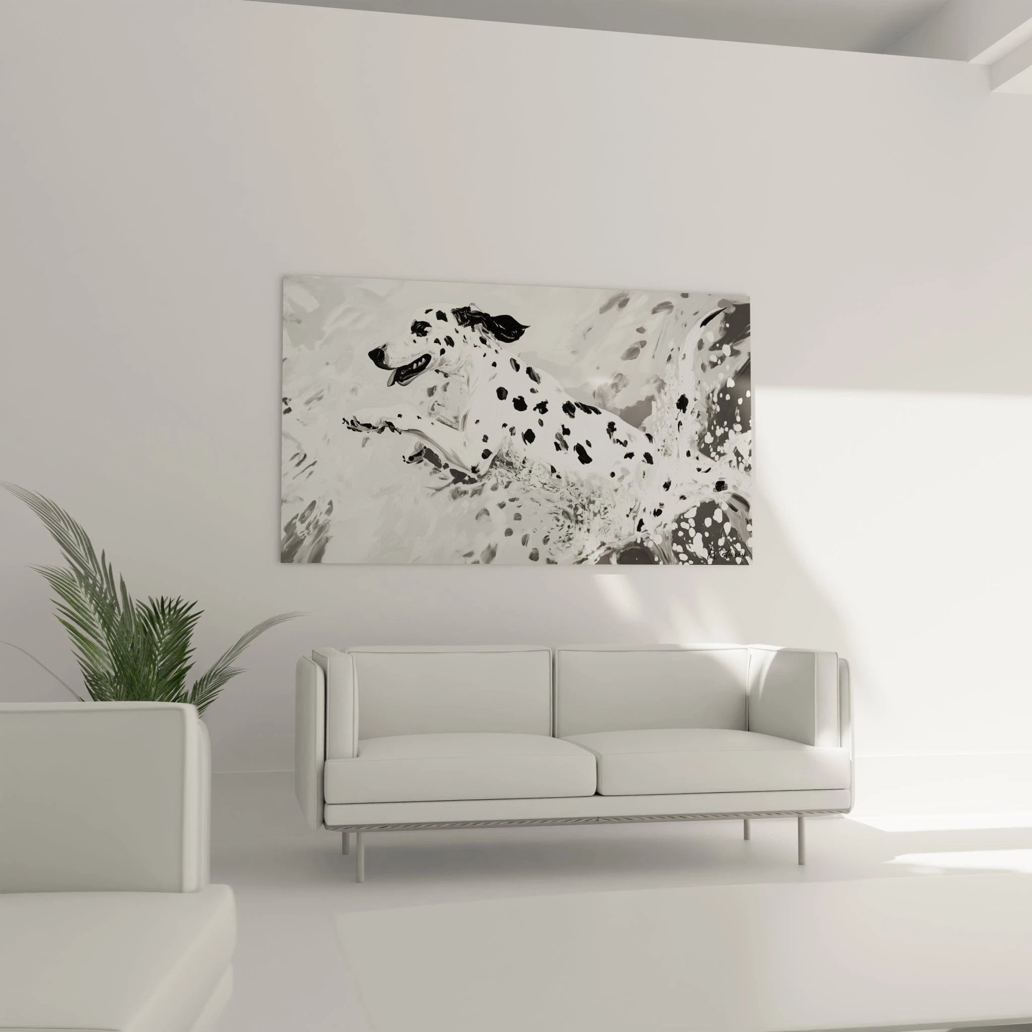 Tableau noir et blanc d'un chien en train de nager, signé Walensky, parfait pour une décoration moderne