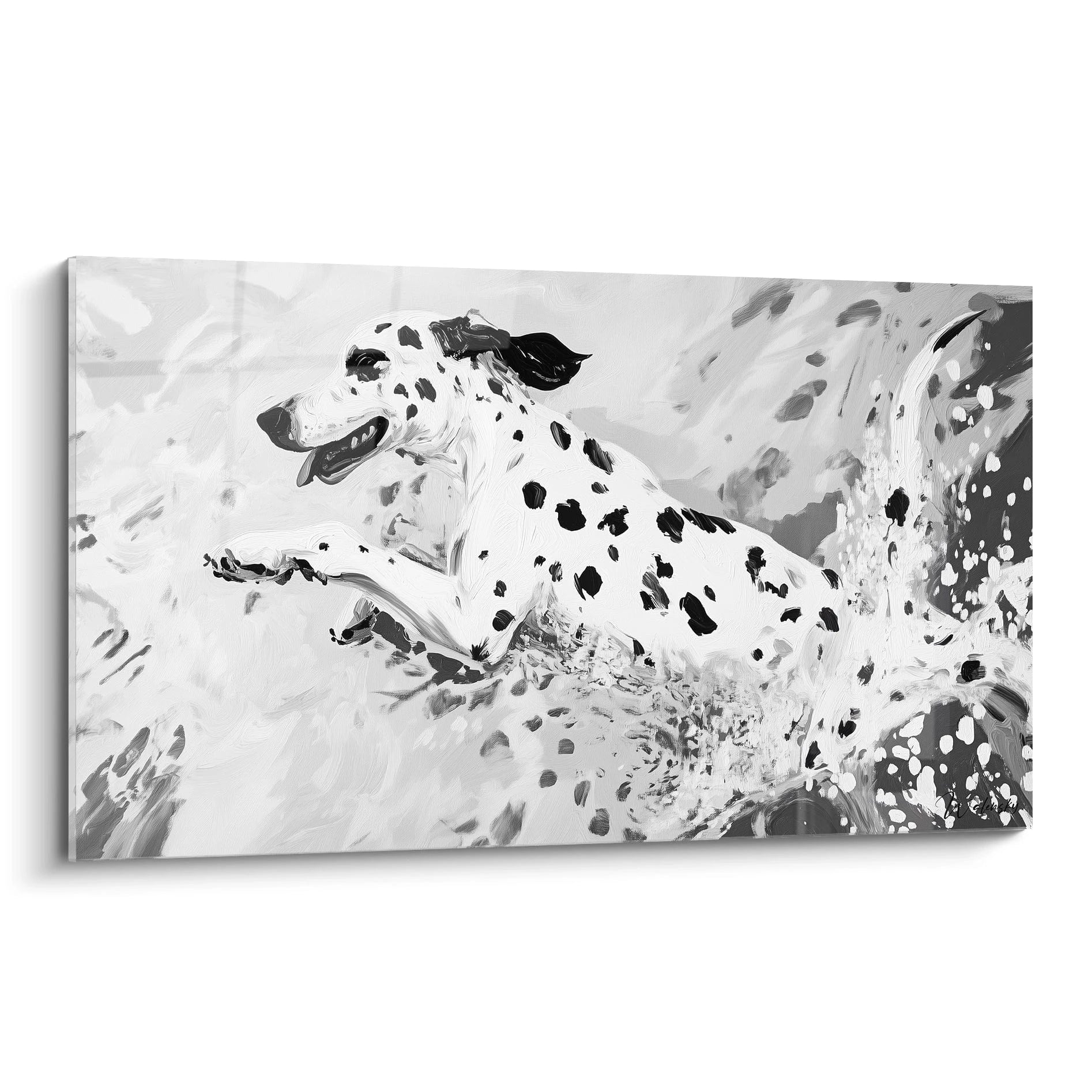 Tableau noir et blanc d'un dalmatien courant dans l'eau, création artistique par Walensky