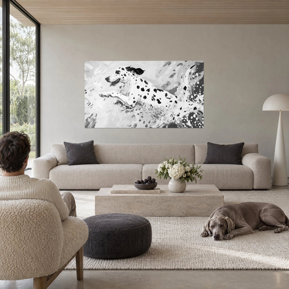 Cuadro de un dálmata saltando en blanco y negro, salpicaduras de tinta sobre fondo gris perla, encima de un sofá en un salón luminoso