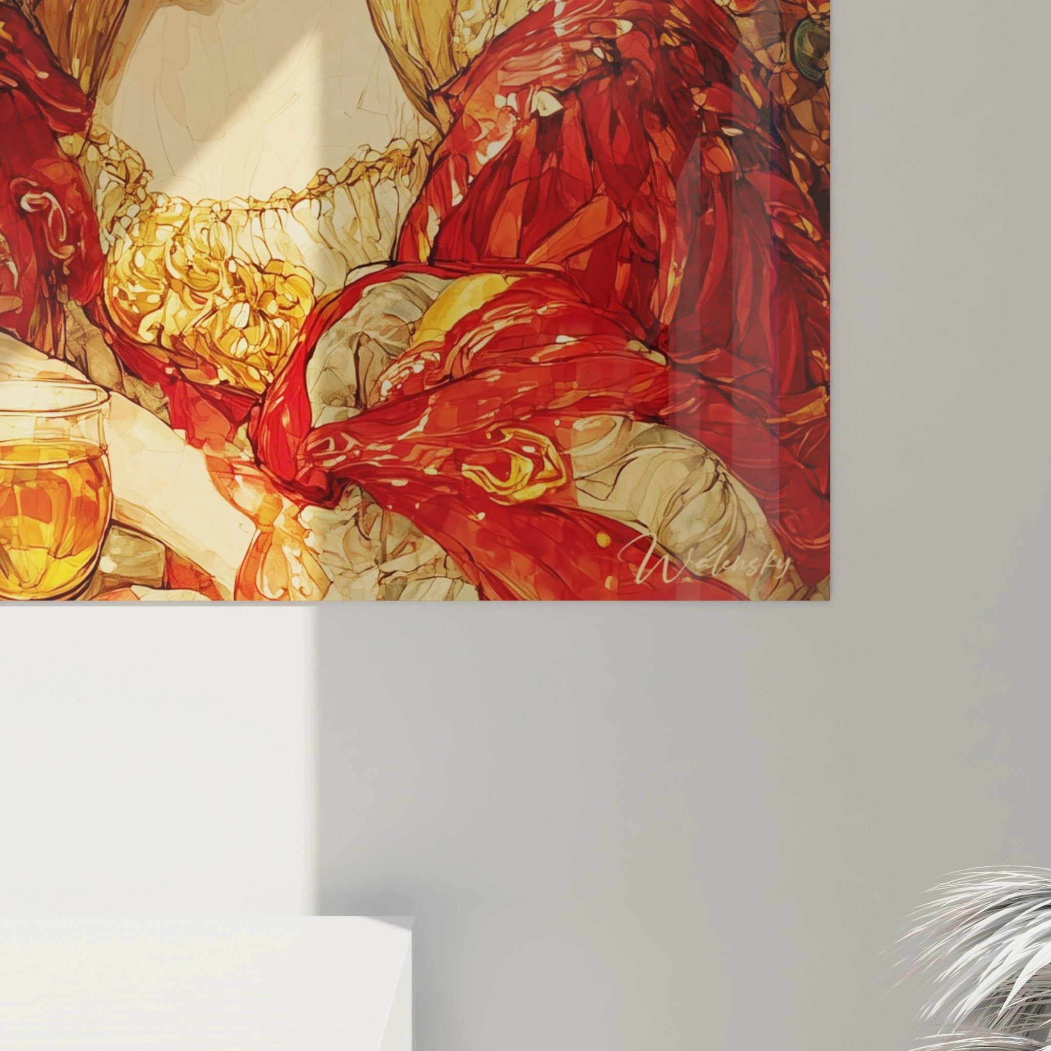 Tableau mural Walensky montrant detail d une femme en robes rouges et or avec verre sur table tableau renaissance italienne