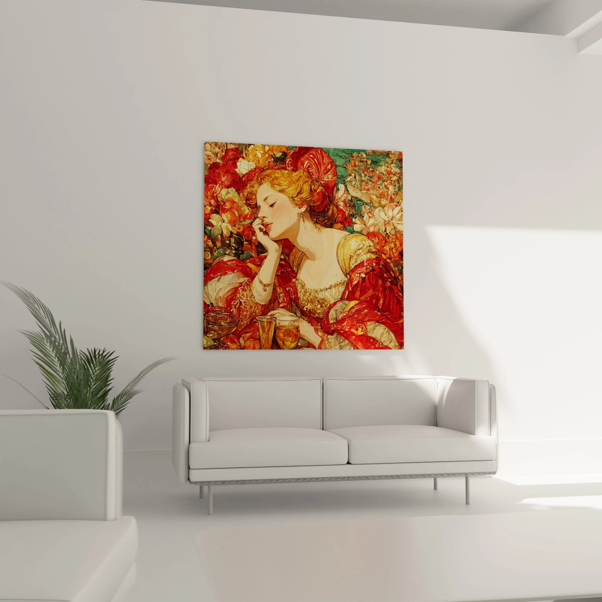 tableau renaissance italienne Walensky montrant femme en robe rouge ornée accroché au dessus de ce canapé blanc dans salon moderne