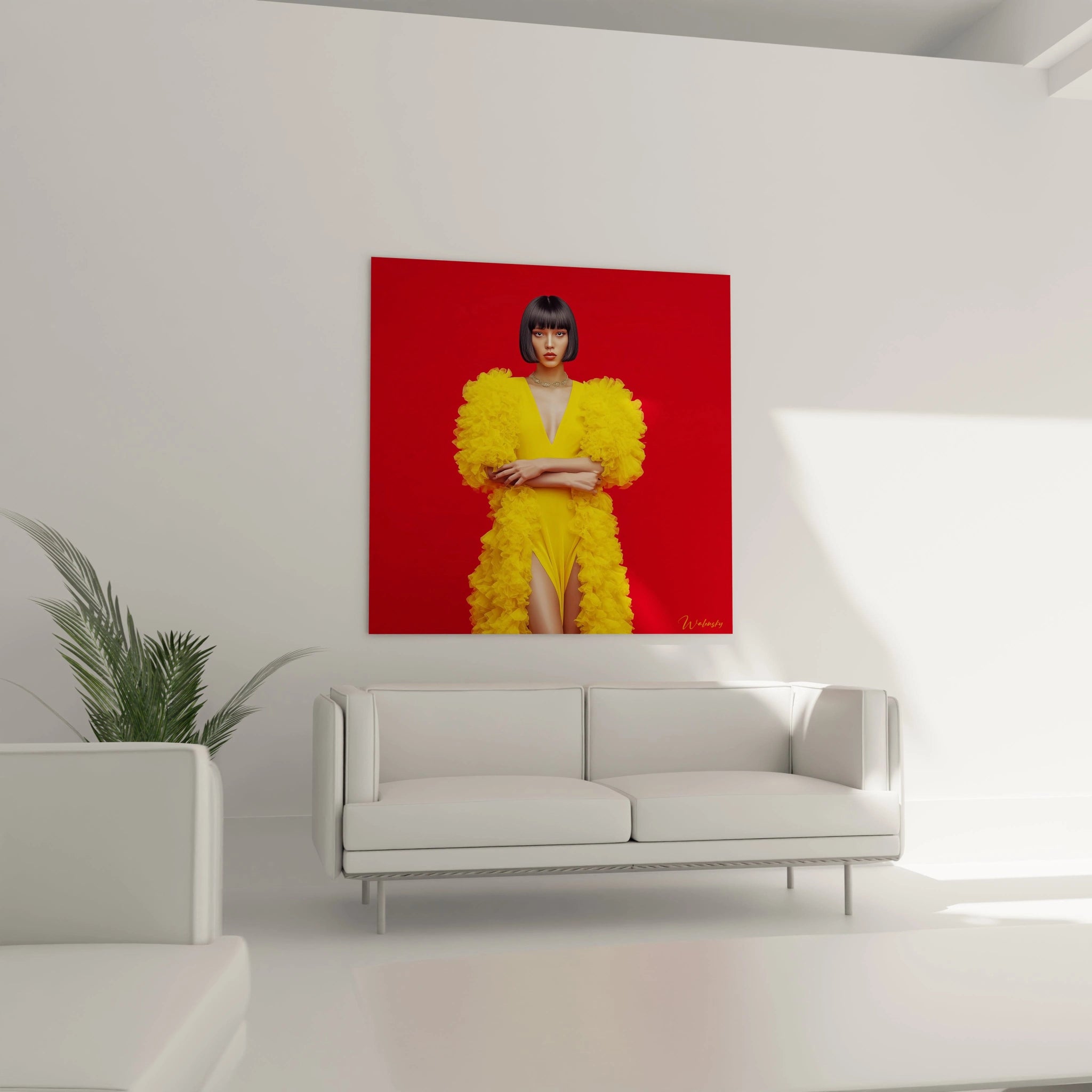 Tableau couture avant-garde avec modèle en robe jaune sur fond rouge, idéal pour la décoration moderne