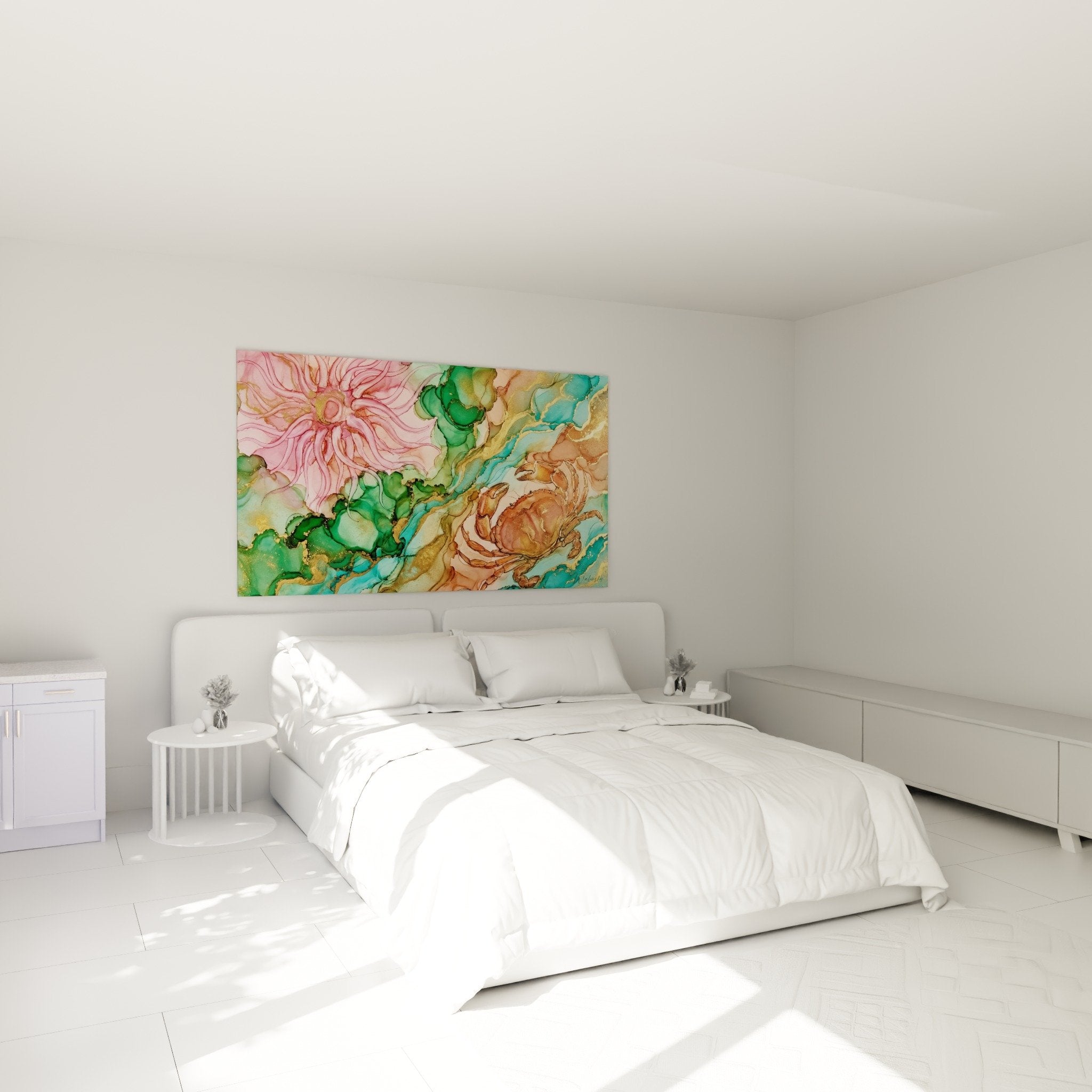 abstraktes Gemälde rosa türkis gold im modernen Schlafzimmer Wanddekoration Krabbe zeitgenössische Kunst