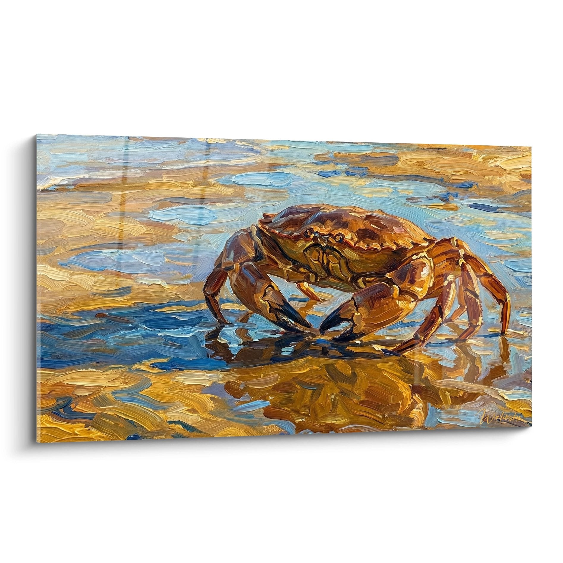 Gemälde Krabbe golden am Ufer mit blauen und goldenen Reflexionen, expressive Impasto-Technik, marine Dekoration
