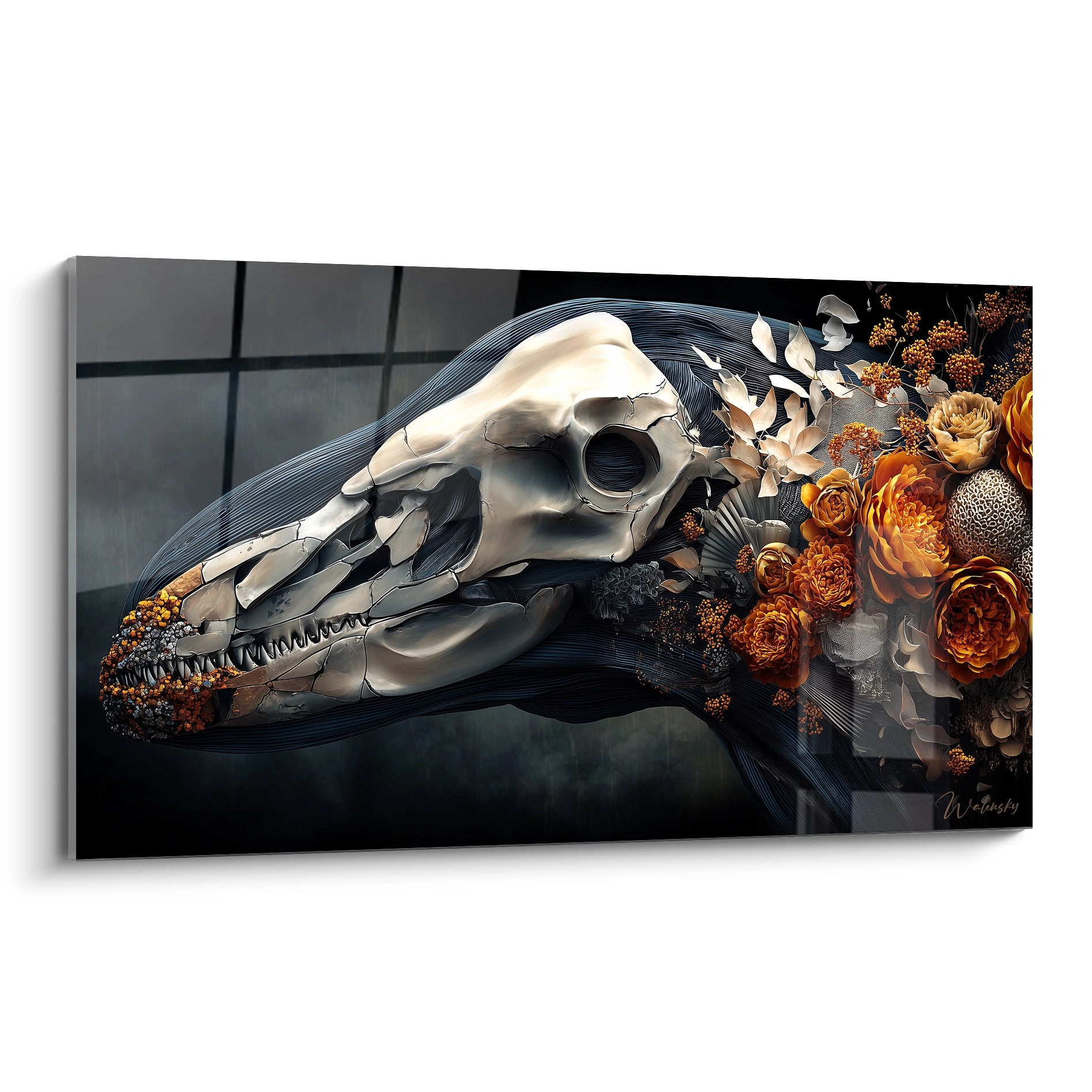 Tableau crâne baleine floral avec roses orangées - art memento mori contemporain - édition Basilosaurus
