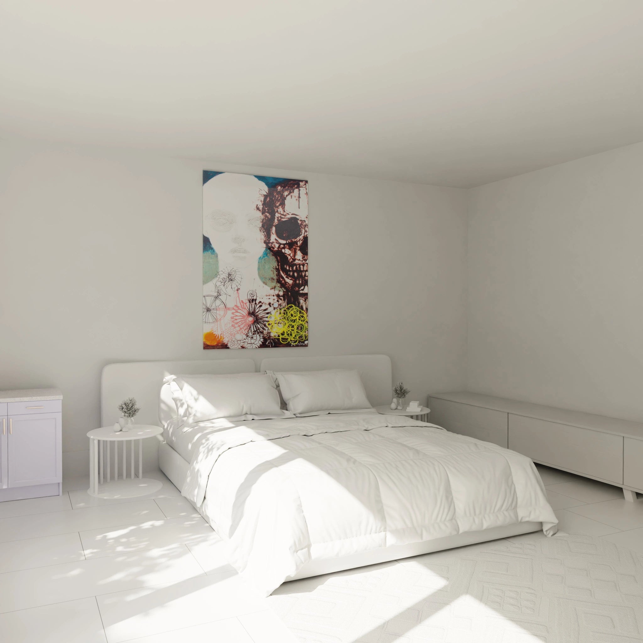 Walensky tableau mural crâne vanité coloré accroché au dessus d un lit dans une chambre blanche tableau vanité crâne décoration murale