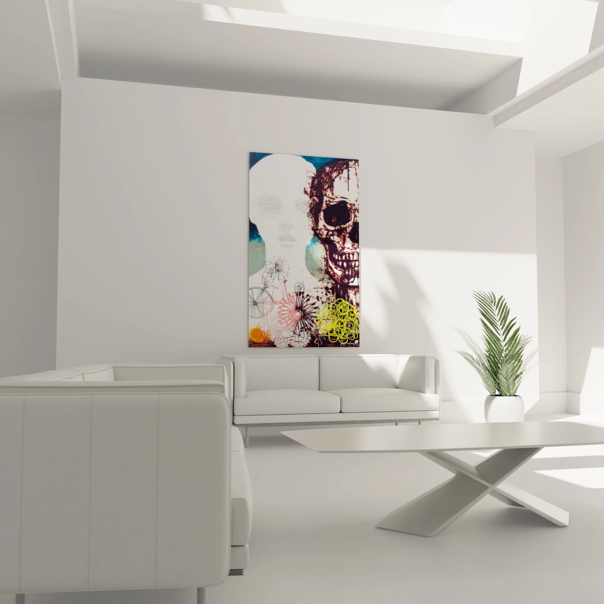 Walensky tableau vanité crâne décoration murale grand format coloré affiché au salon minimaliste