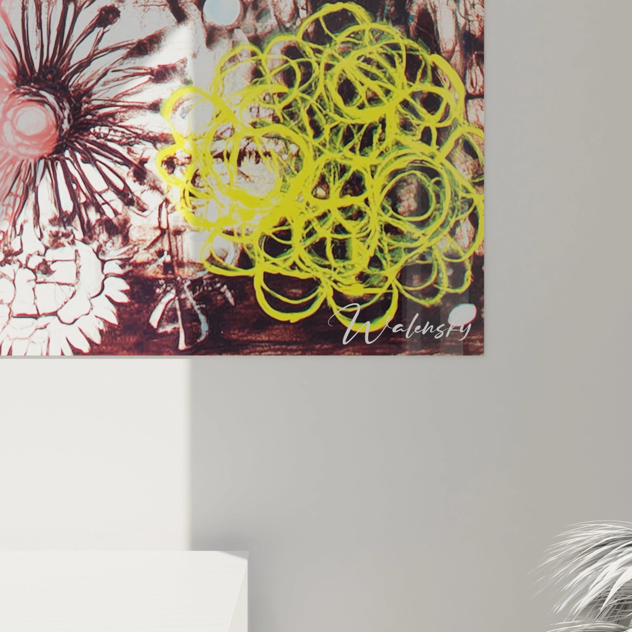 Tableau mural Walensky abstrait fleurs et spirales jaunes signé tableau vanité crâne décoration murale