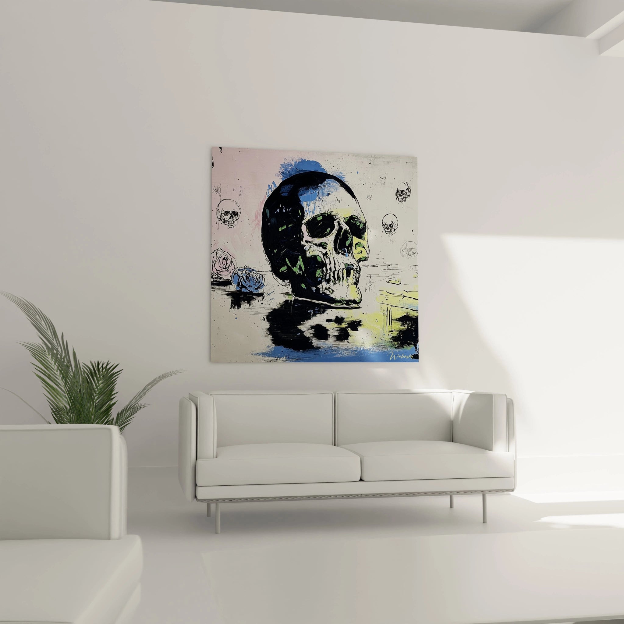 tableau crâne bleu vanité Walensky peinture murale moderne grand format pour salon minimaliste