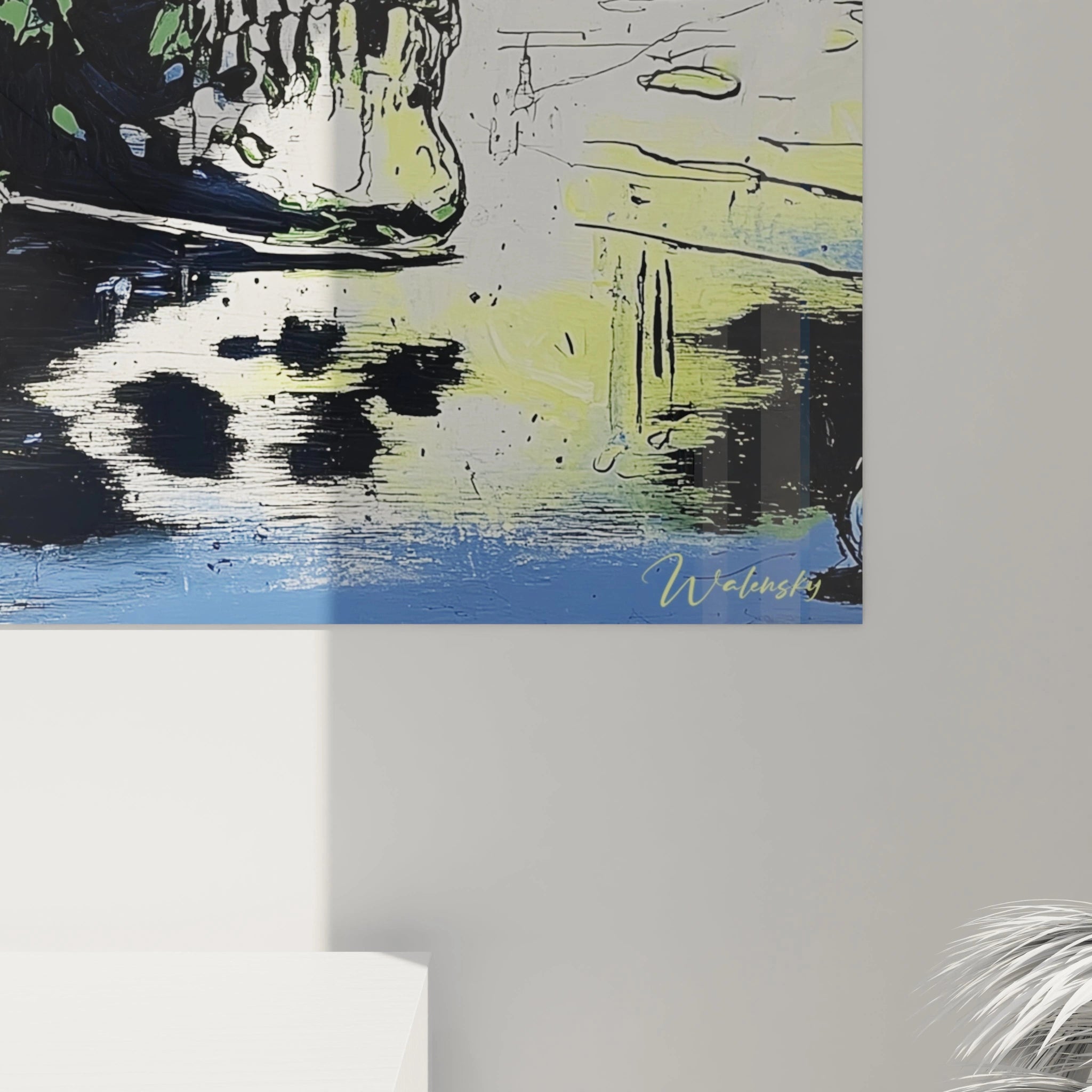 Tableau mural Walensky tableau crâne bleu vanité moderne représentant un crâne stylisé peint en bleu et jaune