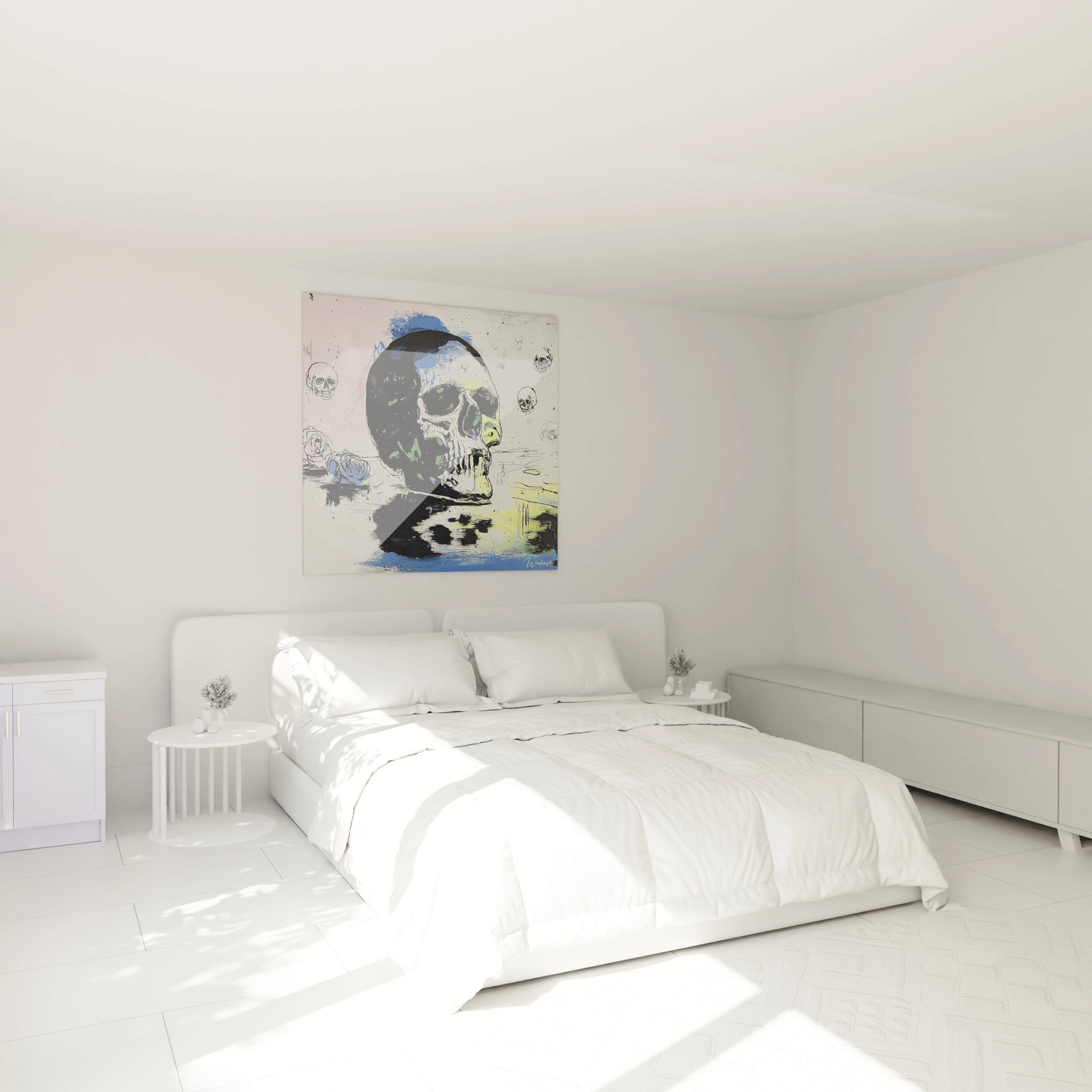 Walensky tableau crâne bleu vanité mural carré au dessus d un lit blanc minimaliste design moderne