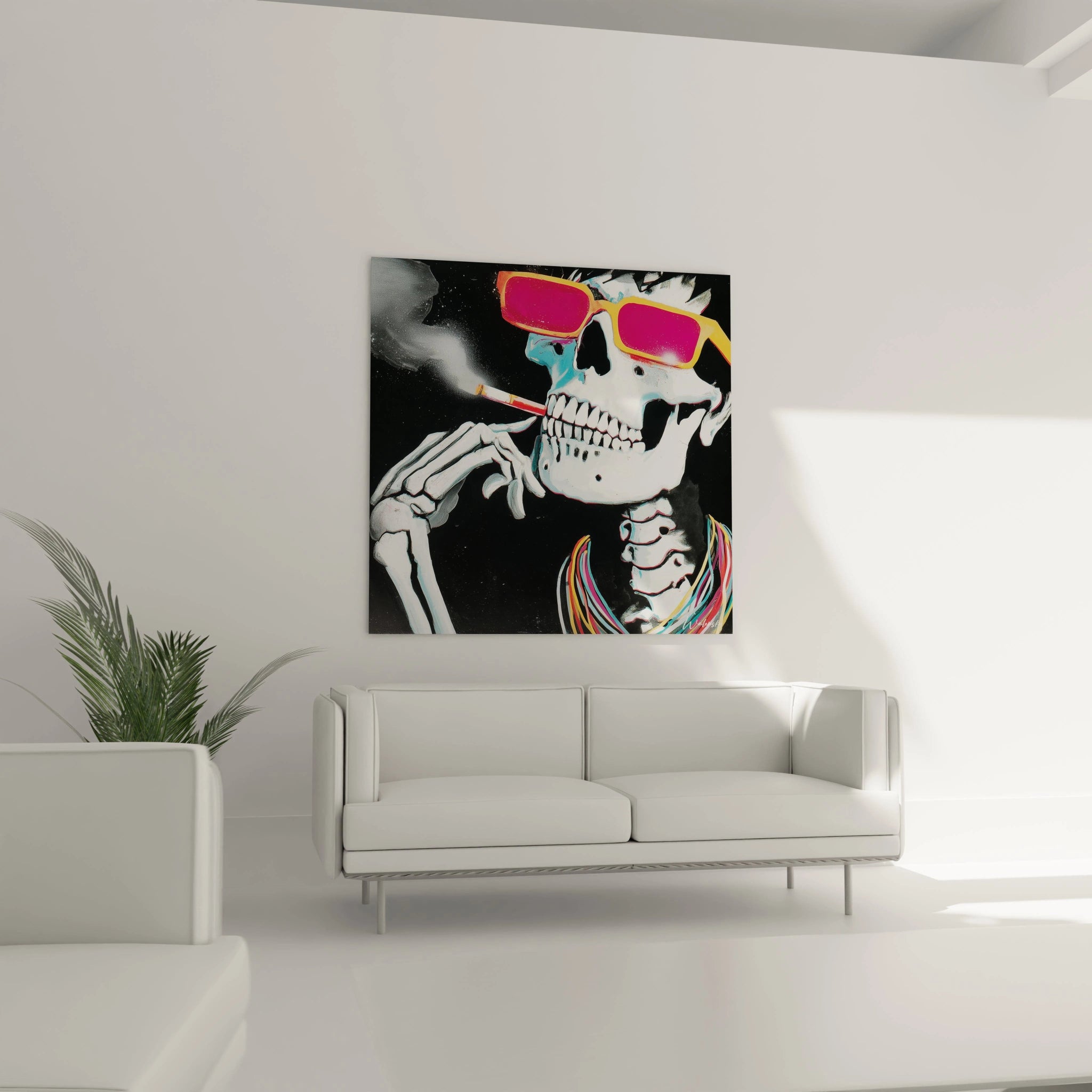 tableau crâne vanité moderne Walensky montrant un crâne en lunettes roses fumant une cigarette, couleurs vives sur fond noir