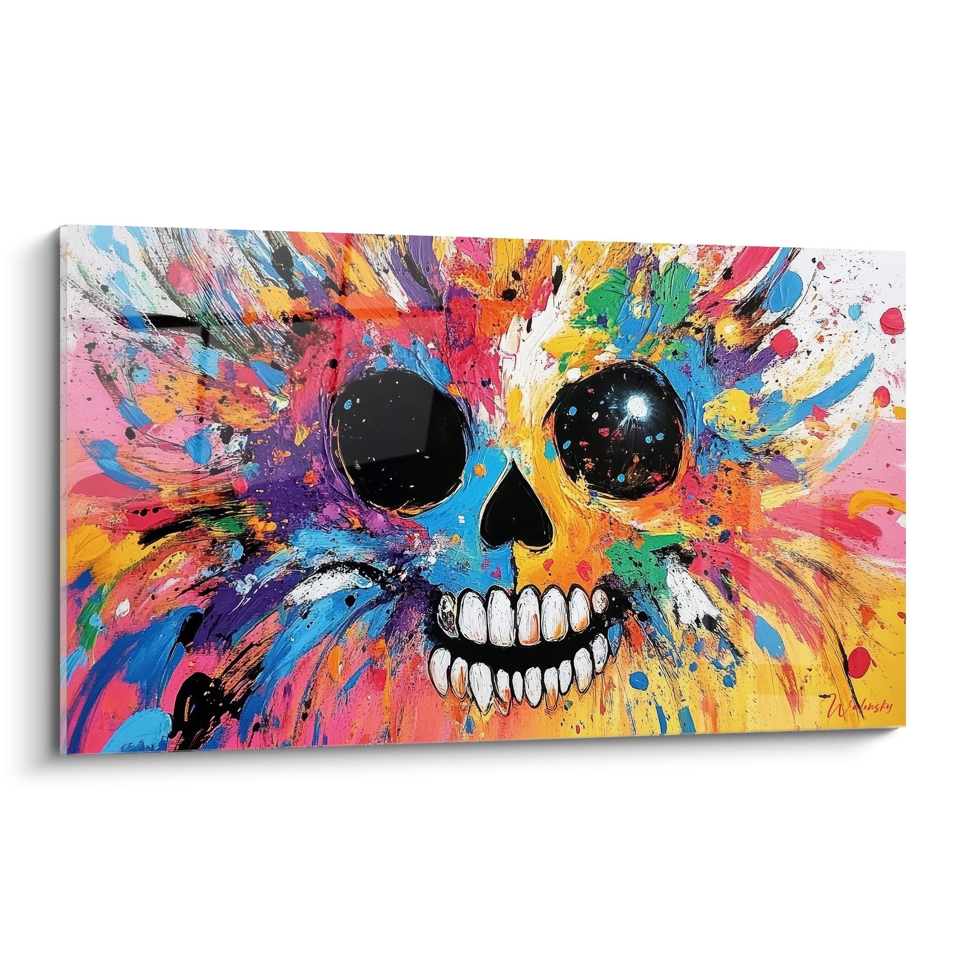 Tableau mural crâne explosif multicolore avec éclaboussures de peinture abstraite contemporaine