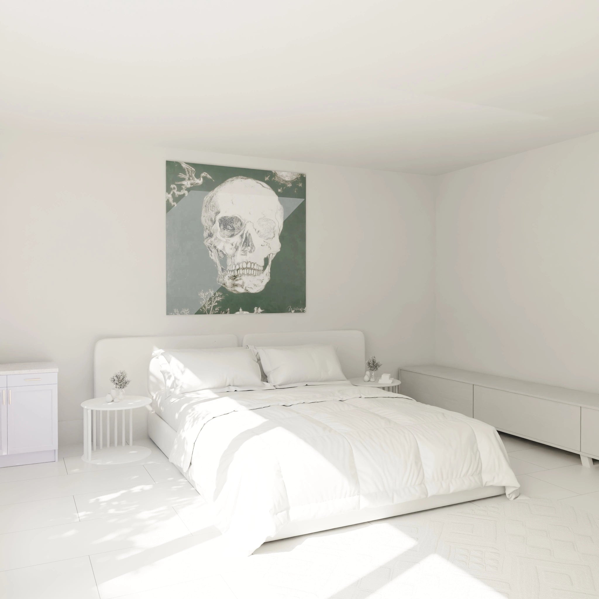 tableau crâne memento mori Walensky accroché au dessus du lit minimaliste blanc dans une chambre lumineuse