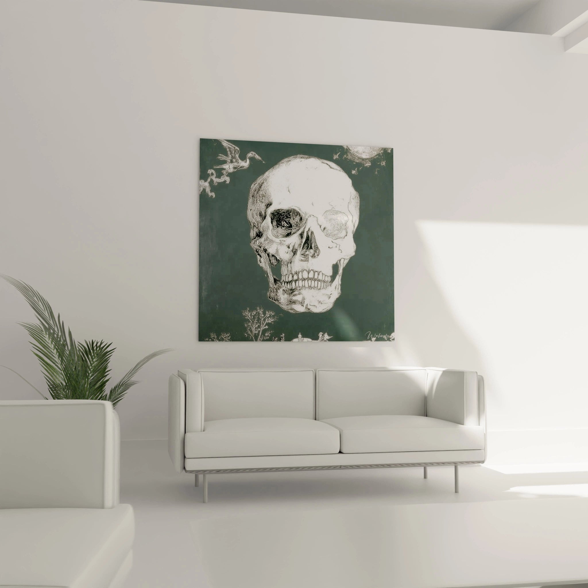 Tableau mural Walensky tableau crâne memento mori sur fond vert accroché au-dessus d'un canapé blanc minimaliste