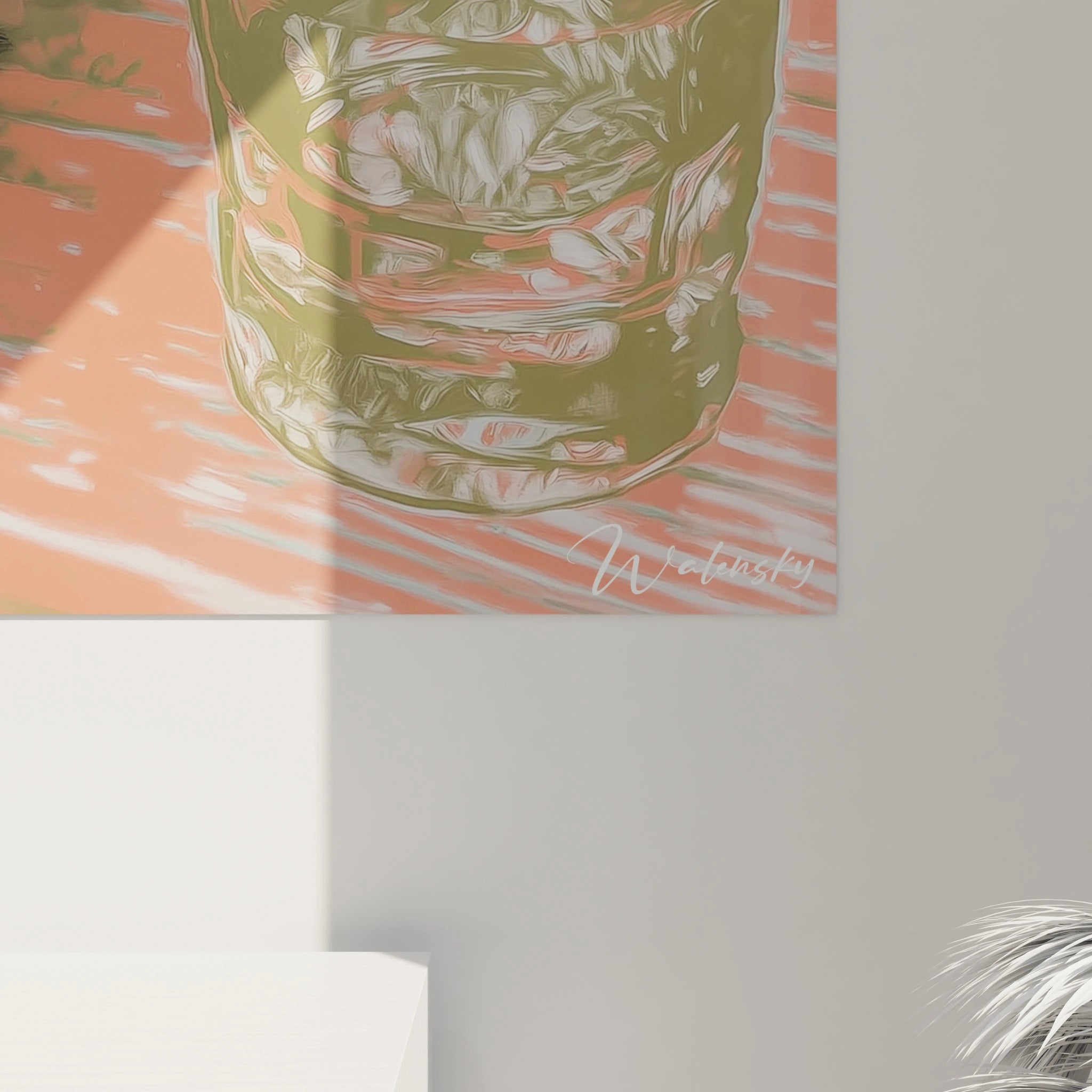 tableau crâne artistique Walensky en tons pastel vert et rose sur fond bois coin mural avec signature et ombre