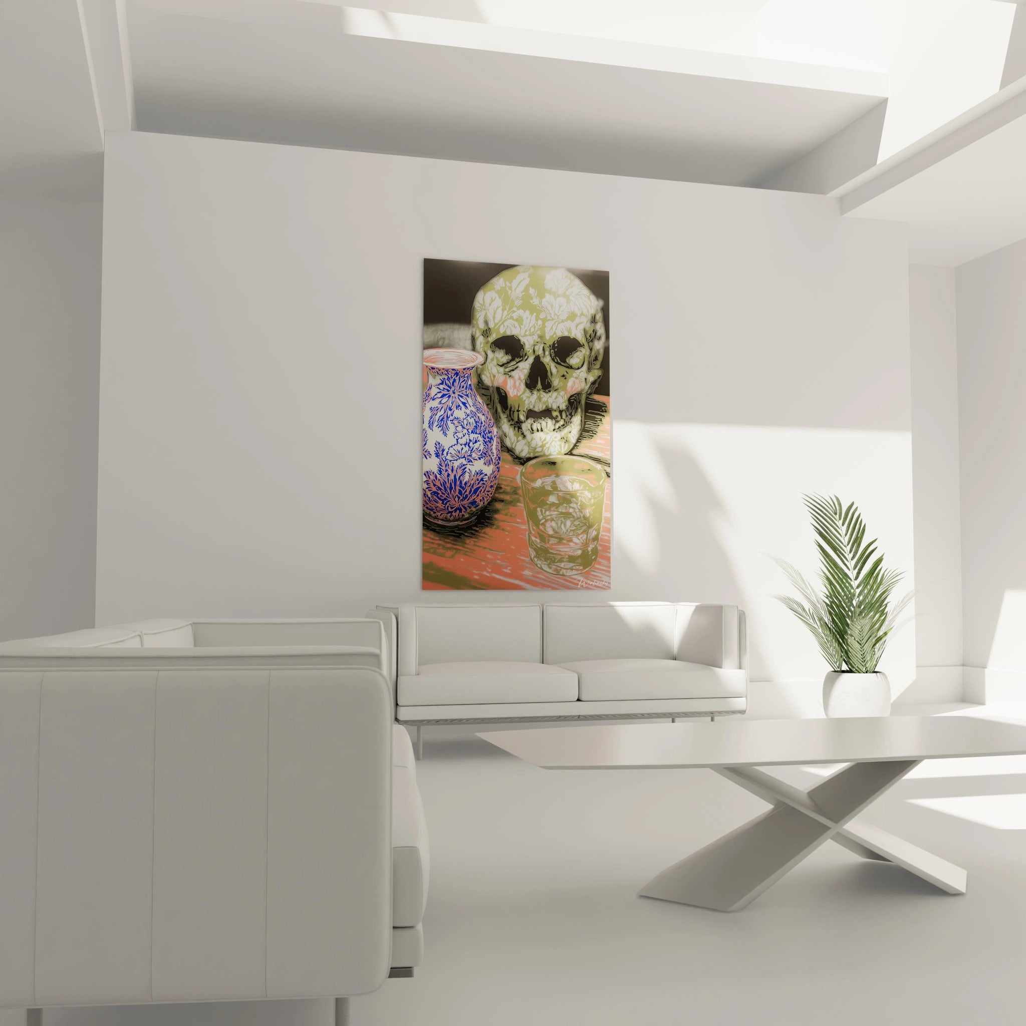 Tableau mural Walensky montrant un tableau crâne artistique avec crâne peint et vases colorés