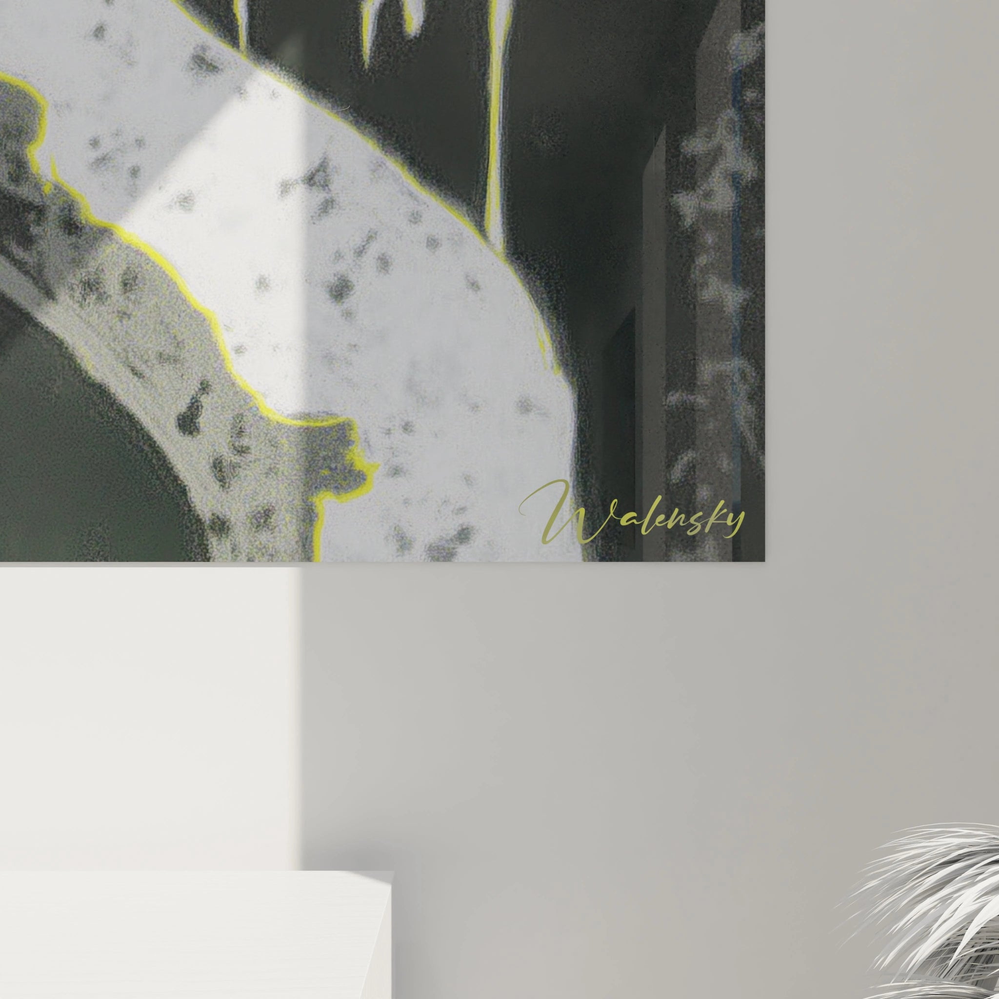 tableau art crâne contemporain Walensky mural abstrait noir blanc et jaune signature visible coin