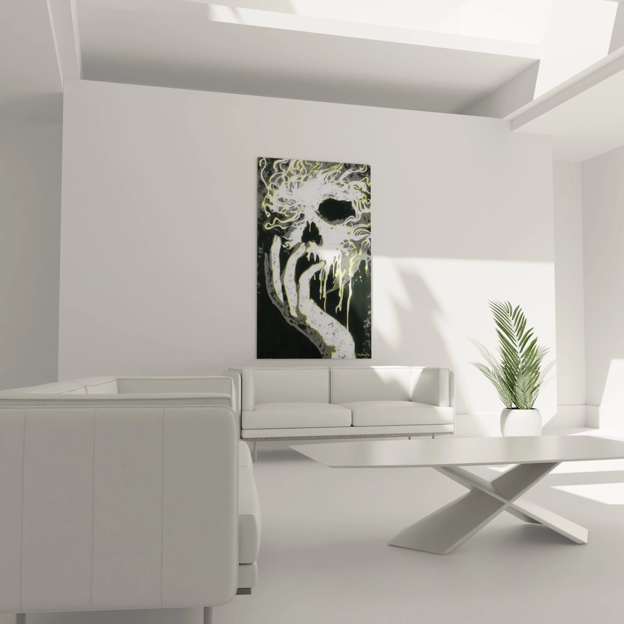 Décor mural montrant tableau art crâne contemporain Walensky dans un salon minimaliste blanc avec canapé et plante