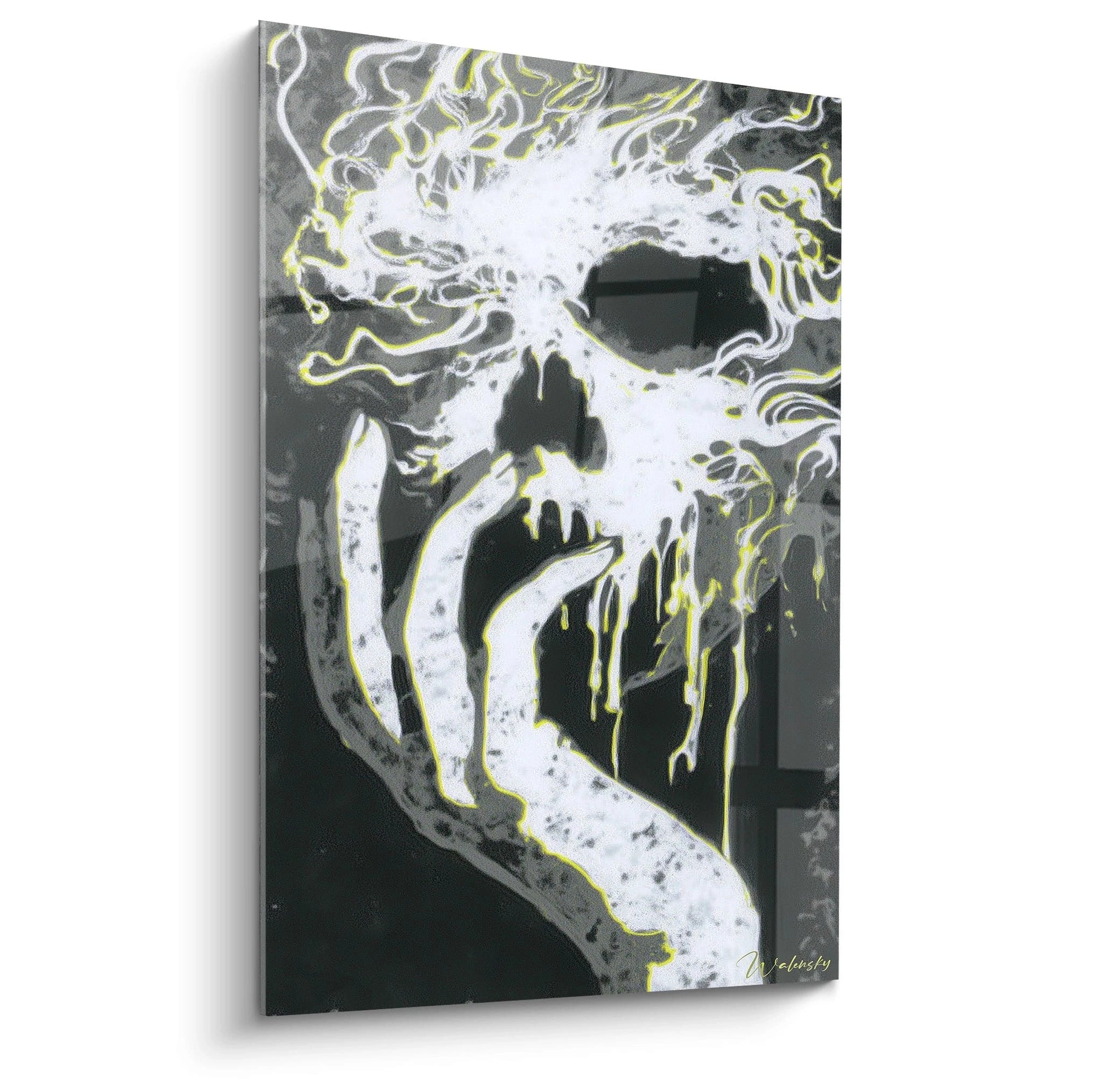 Walensky tableau mural noir et blanc représentant un crâne fumant et une main stylisée tableau art crâne contemporain