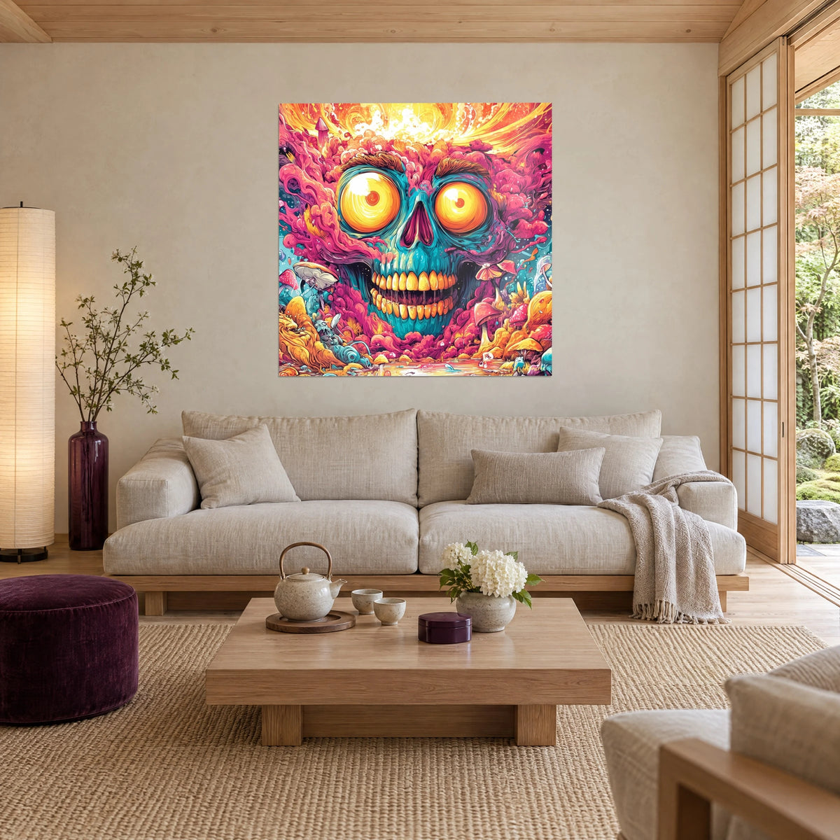 Cuadro calavera turquesa con ojos amarillo sol, nubes rosas y setas, colgado sobre un sofá en un salón luminoso