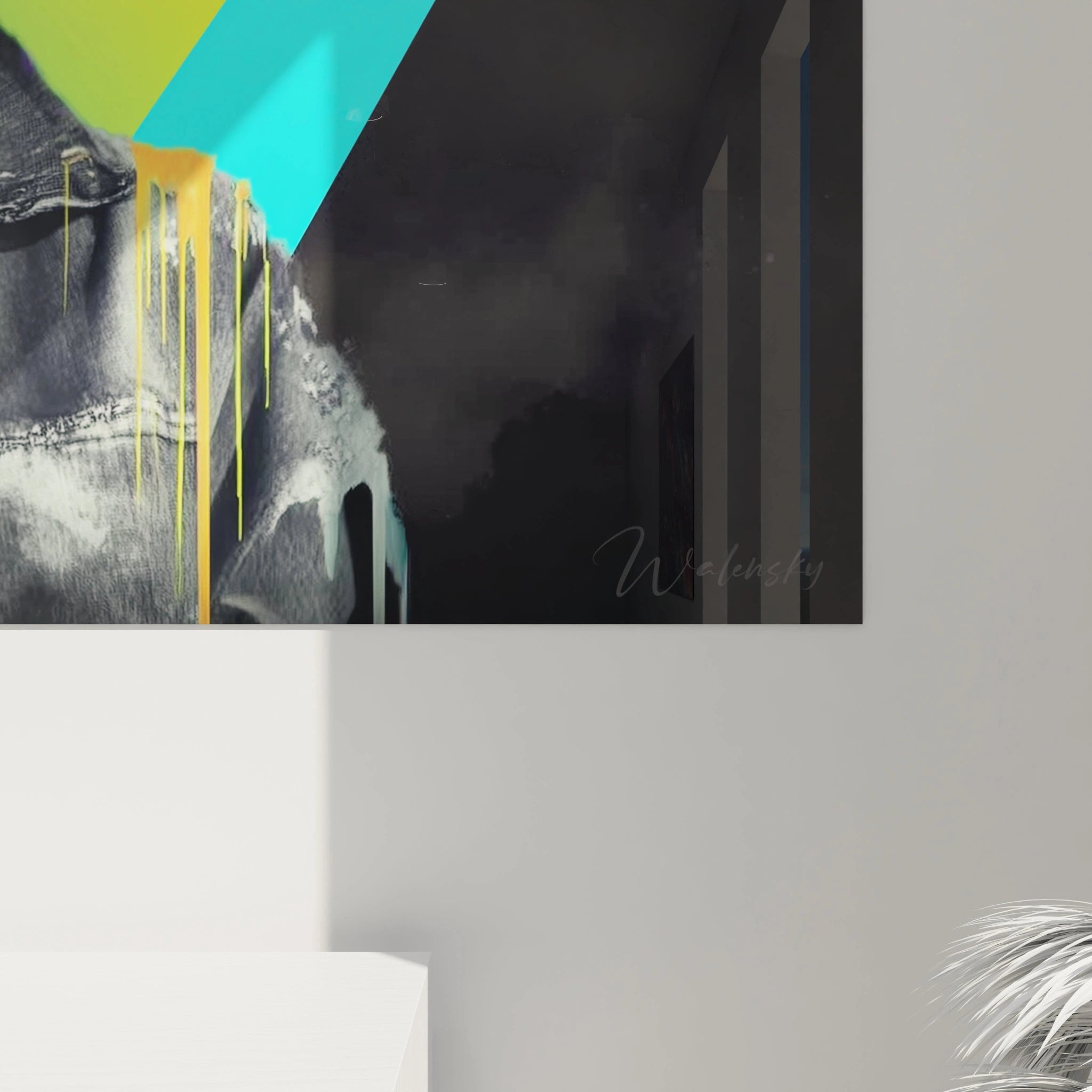 Tableau mural Walensky présentant un tableau crâne design halloween néon, coulures de peinture sur fond sombre